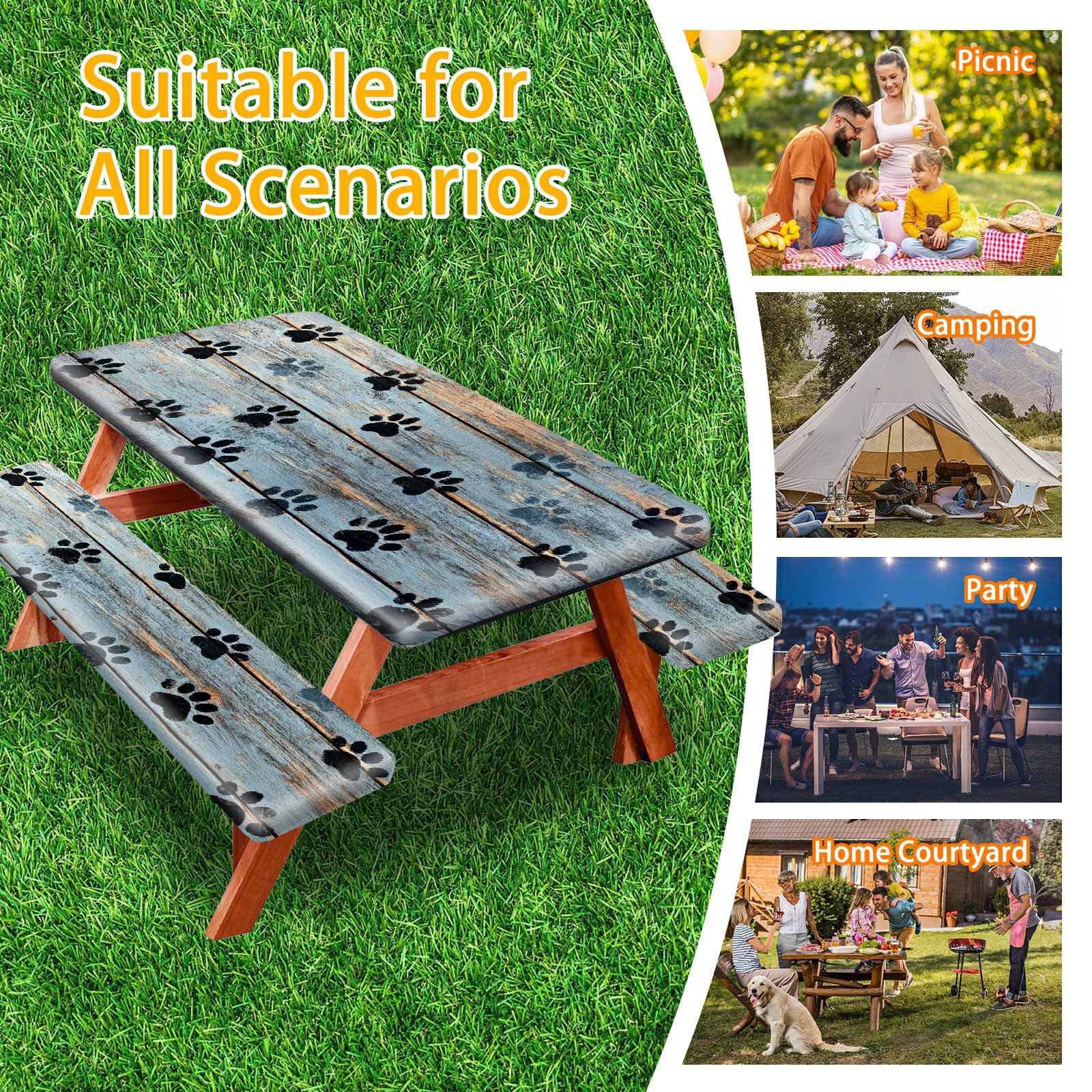 Park Picnic Table Cover with Bench Covers Lightweight Camping Essentials, Oil-Proof Waterproof 3PCS Tablecloth with Elastic, Fitted for Table 6FT Rectangle and Seats, American Flag Eagle (72x30in)
