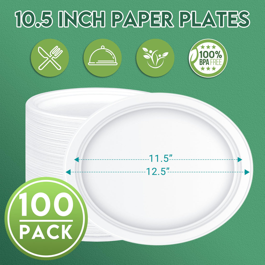 ZOES HOMEWARE 100% Compostable Oval Paper Plates 12 inch Bulk 100 Count, Heavy Duty Large Disposable Plates, Eco-Renewable Sugarcane Pulp Plates for Party,Dinner& Daily Use, White
