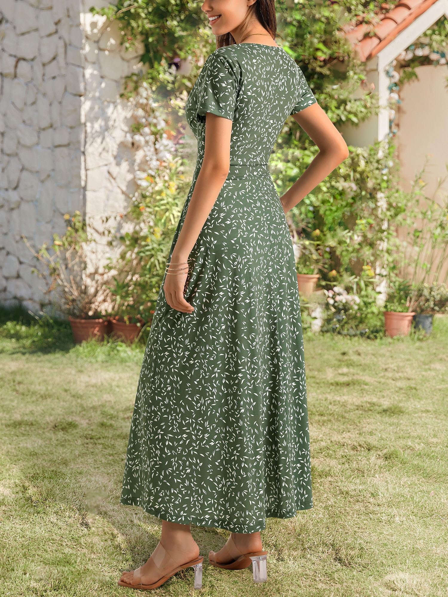 HUHOT Women's Short Sleeve Wrap V Neck Dresses for Wedding Guest Summer Floral Maxi Sundresses with Pockets Boho Dress