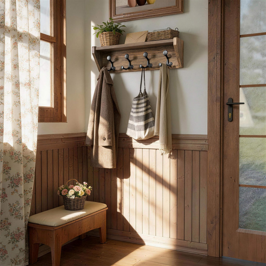 SKOLOO Wall Shelf with Hooks, 24-Inch Cherry Coat Rack Wall Mount with Shelf Organizer - Heavy Duty, 4 Tri Hooks - Perfect for Entryway, Hallway, Living Room, Bedroom, Mudroom