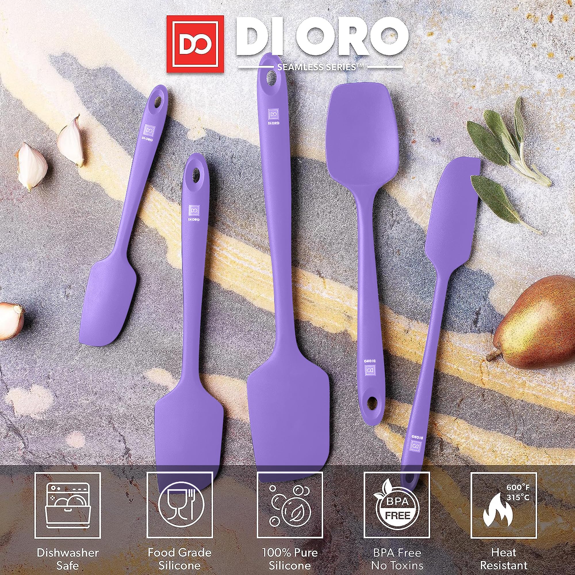DI ORO Silicone Spatula Set - Rubber Kitchen Spatulas for Baking, Cooking, & Mixing - 600°F Heat-Resistant & BPA Free Silicone Scraper Spatulas for Nonstick Cookware - Dishwasher Safe (5pc, Black)