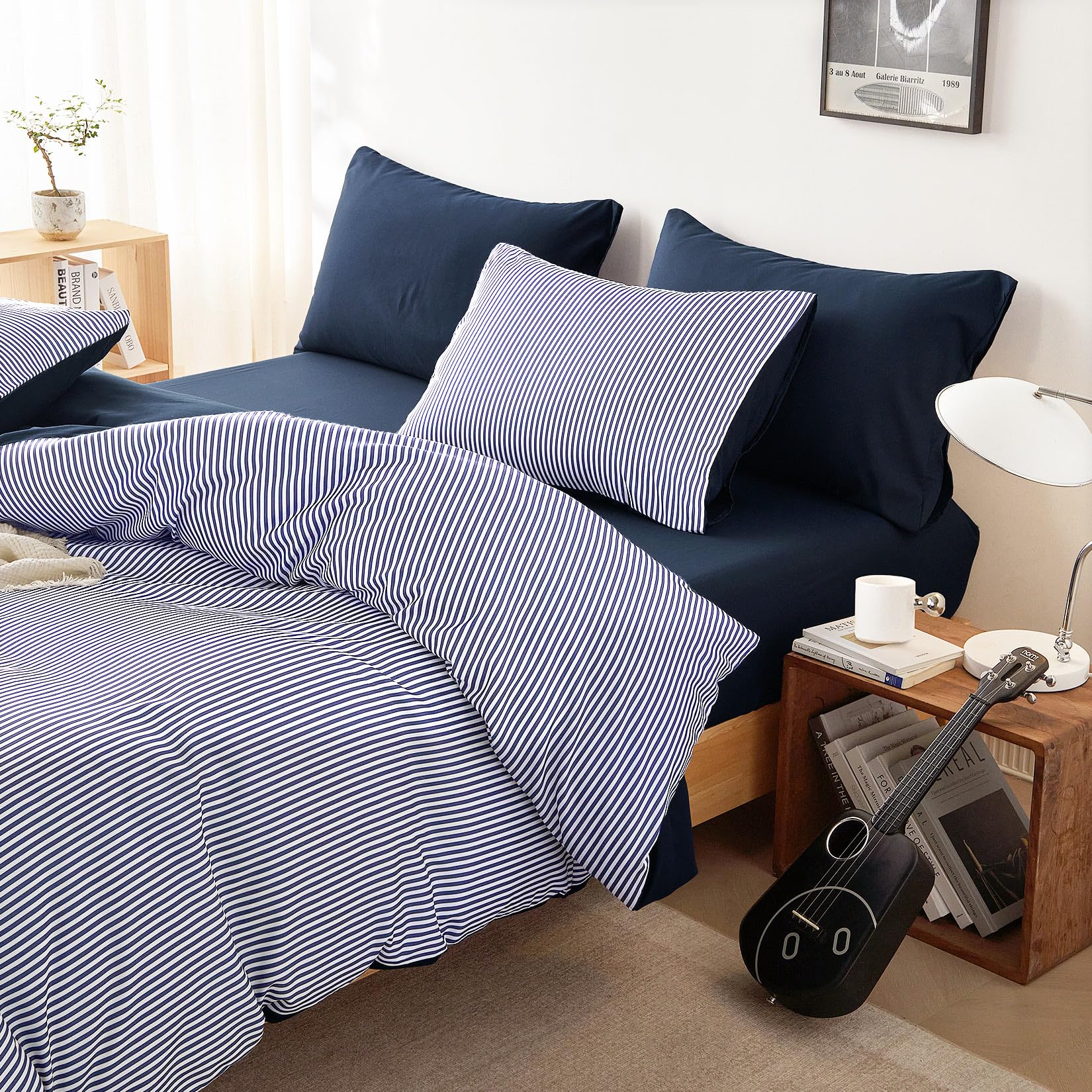 Wake In Cloud - Striped Comforter Set, Ticking Stripe Vertical Pinstripe Neutral Farmhouse Pattern Printed, Soft Lightweight Bedding, 3 Pieces, Blue White, Twin/Twin XL Size