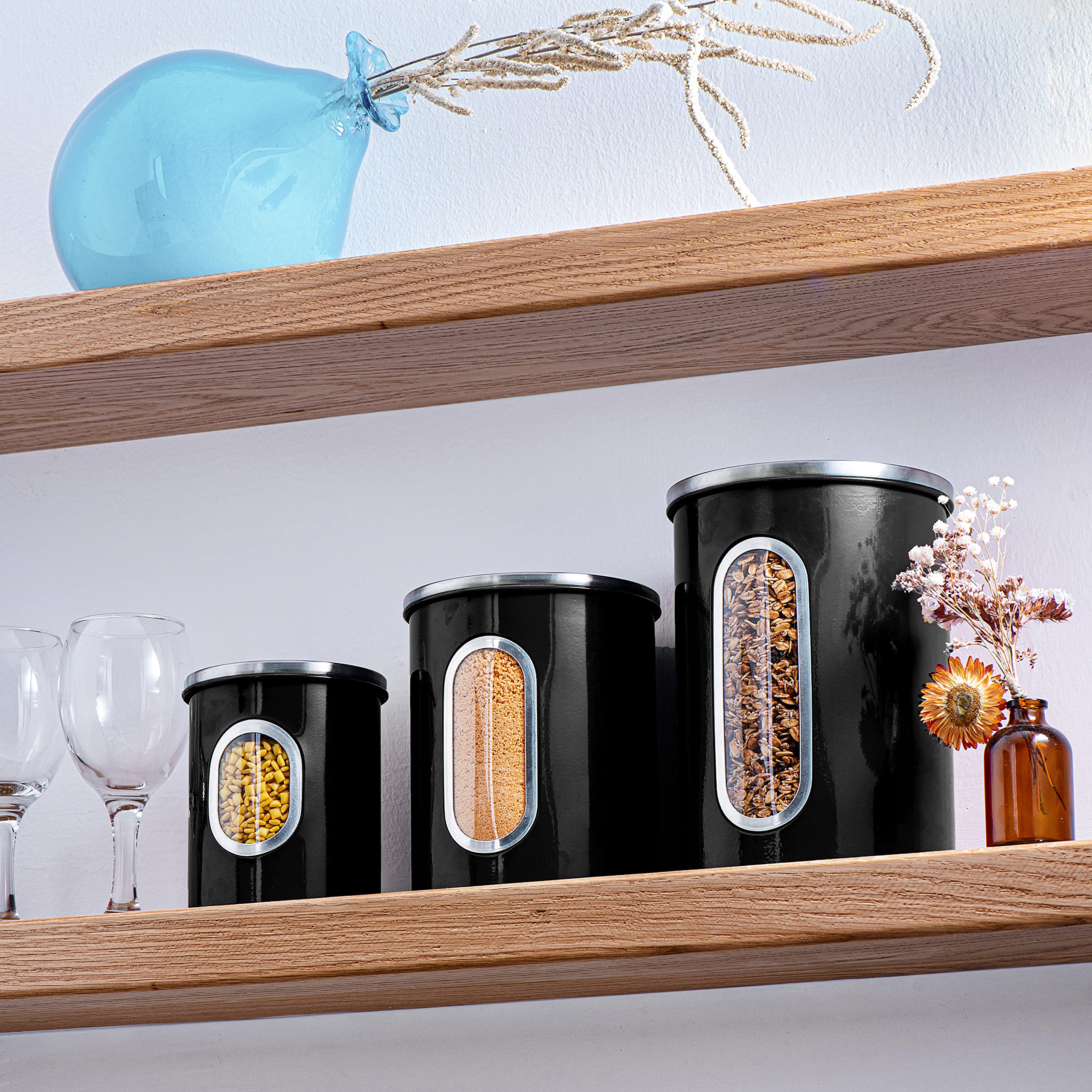 Mixpresso 3-Piece Aqua Blue Canisters Sets For The Kitchen, Airtight Canister Set With See Through Window, Storage Jars for Coffee Container, Tea Organizer & Sugar Canister, Kitchen Canisters