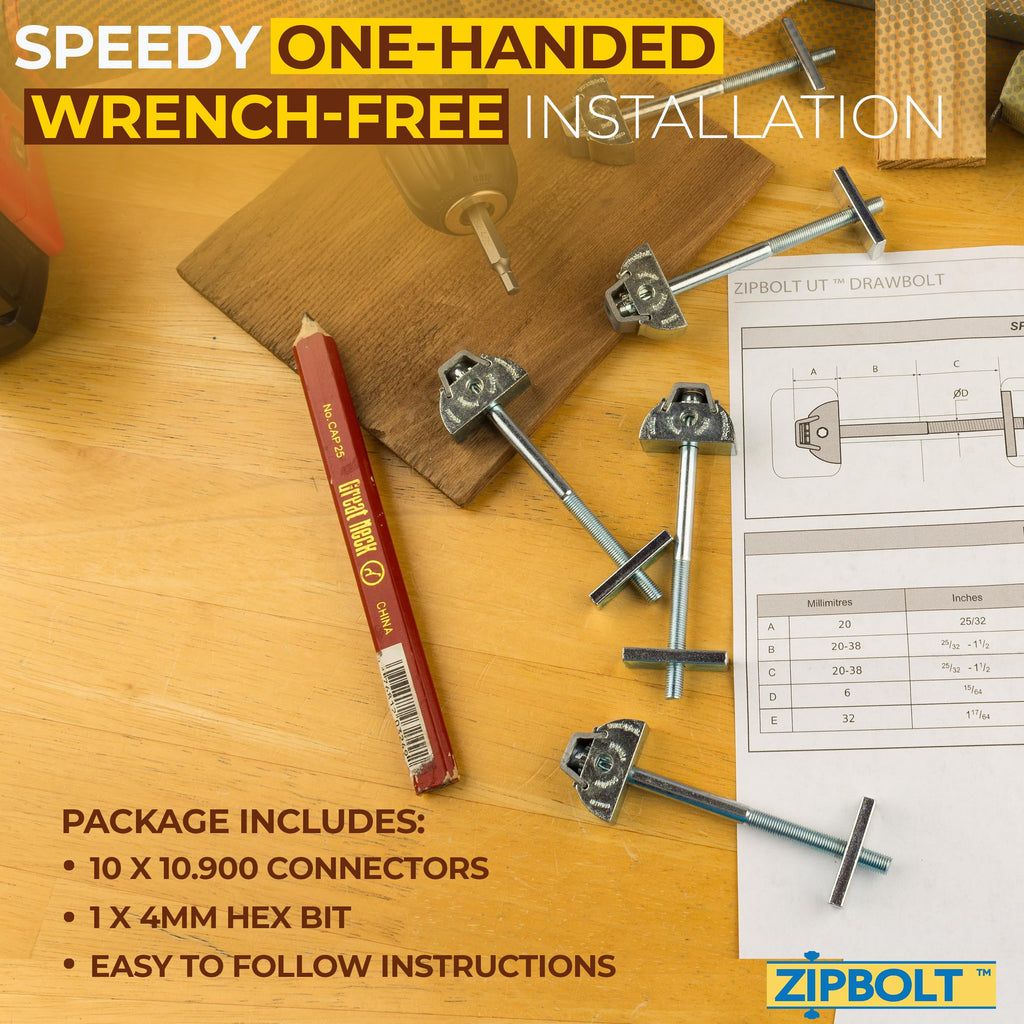 Zipbolt 10.800 Countertop Miter Connector — 20 Piece Joint Fastener Drawbolt Pack with 5mm Hex Bit for Joining Countertops, Butcher Blocks, Furniture, and More - Single-Handed Tightening