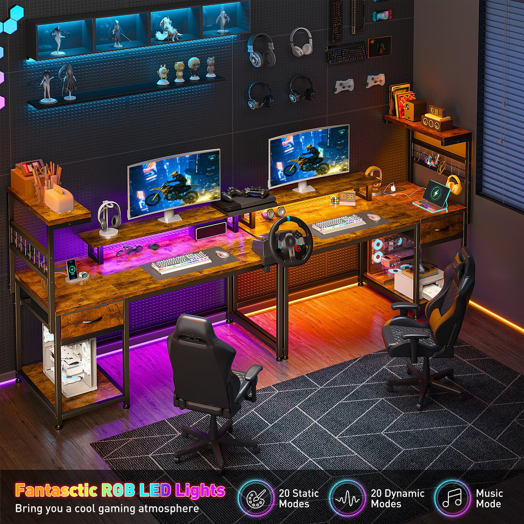 EnHomee 40" Gaming Desk with Power Outlets & LED Lights, Computer Desk with Drawer & Storage Shelve, Home Office Desk with Monitor Stand for Living Room, Study Room, Gaming Room, Black