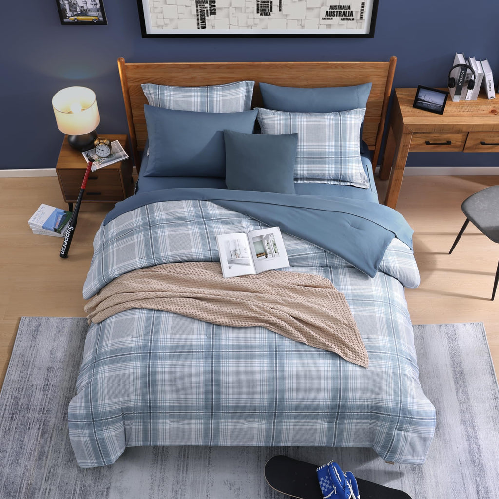 AMBERSPACE Plaid Twin XL Comforter Set Black, Reversible Checkered Bedding Set 5 Pieces for Boys Girls Teen, Lightweight Bed in a Bag for Dorm with Sheets, Pillowcase & Sham