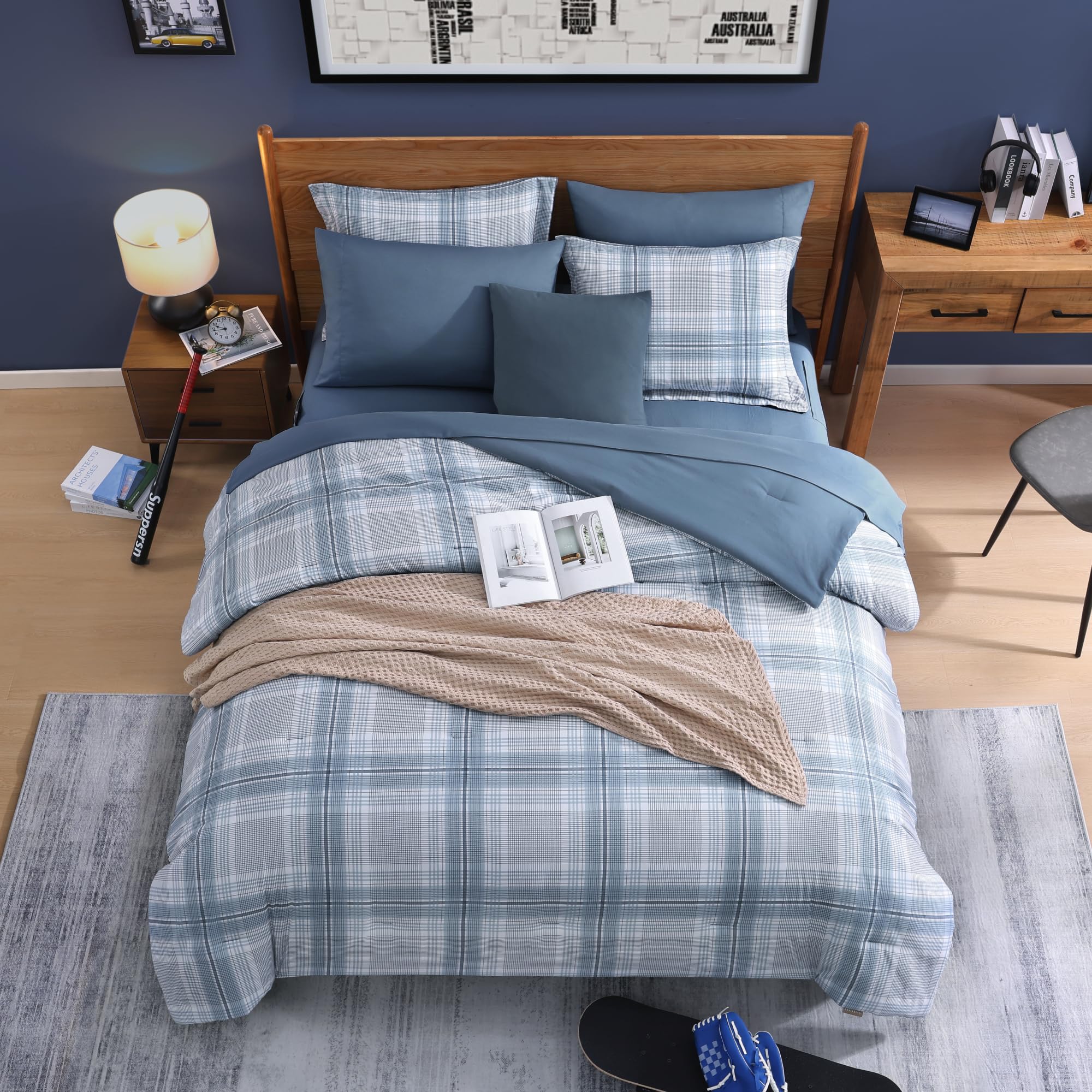 AMBERSPACE Plaid Twin XL Comforter Set Black, Reversible Checkered Bedding Set 5 Pieces for Boys Girls Teen, Lightweight Bed in a Bag for Dorm with Sheets, Pillowcase & Sham