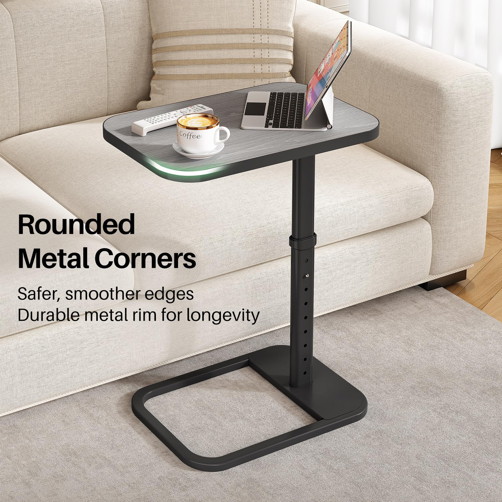 Kitstorack TV Tray Table, Adjustable Height & Rounded Metal Corners, Snack Table for Couch, Sofa, Bed, Chair, Living Room, C Shaped End Side Table for Eating, Dinner or Laptop, Small Spaces, Black