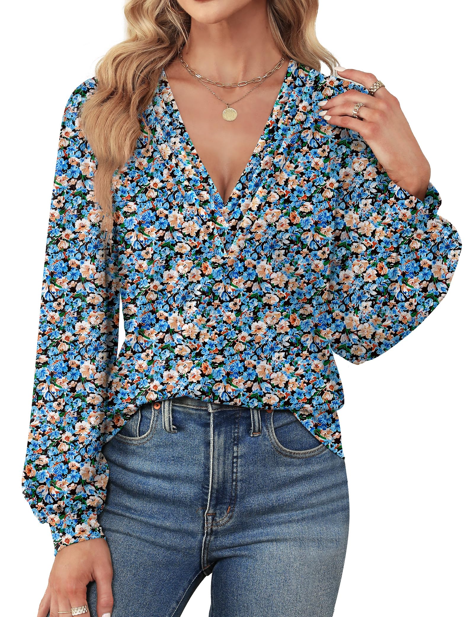 Agnes Urban Womens V Neck Long Sleeve Tops Dressy Casual Fall Shirts Puff Sleeve Loose Tunic Trendy Tops Blouses
