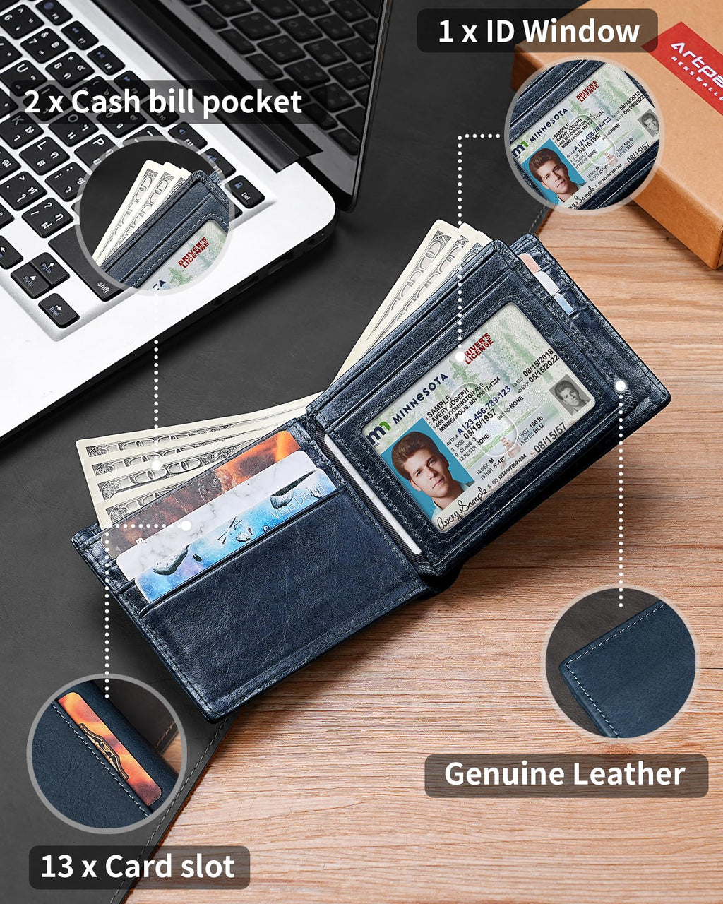 Artpaxy Mens Wallet Genuine Leather Bifold RFID Blocking Wallet for Men with 1 ID Window 13 Card Holders 2 cash pockets 1 Gift Box