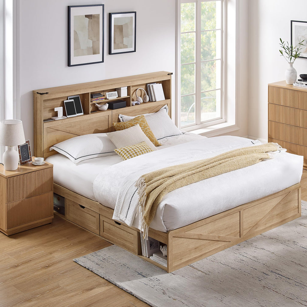 ACCOHOHO Farmhouse Queen Size Bed Frame with 52" Storage Bookcase Headboard and 4 Drawers,Wood Bed Frame with LED Light and Charging Station,Natural Oak