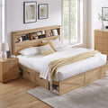 ACCOHOHO Farmhouse Queen Size Bed Frame with 52" Storage Bookcase Headboard and 4 Drawers,Wood Bed Frame with LED Light and Charging Station,Natural Oak