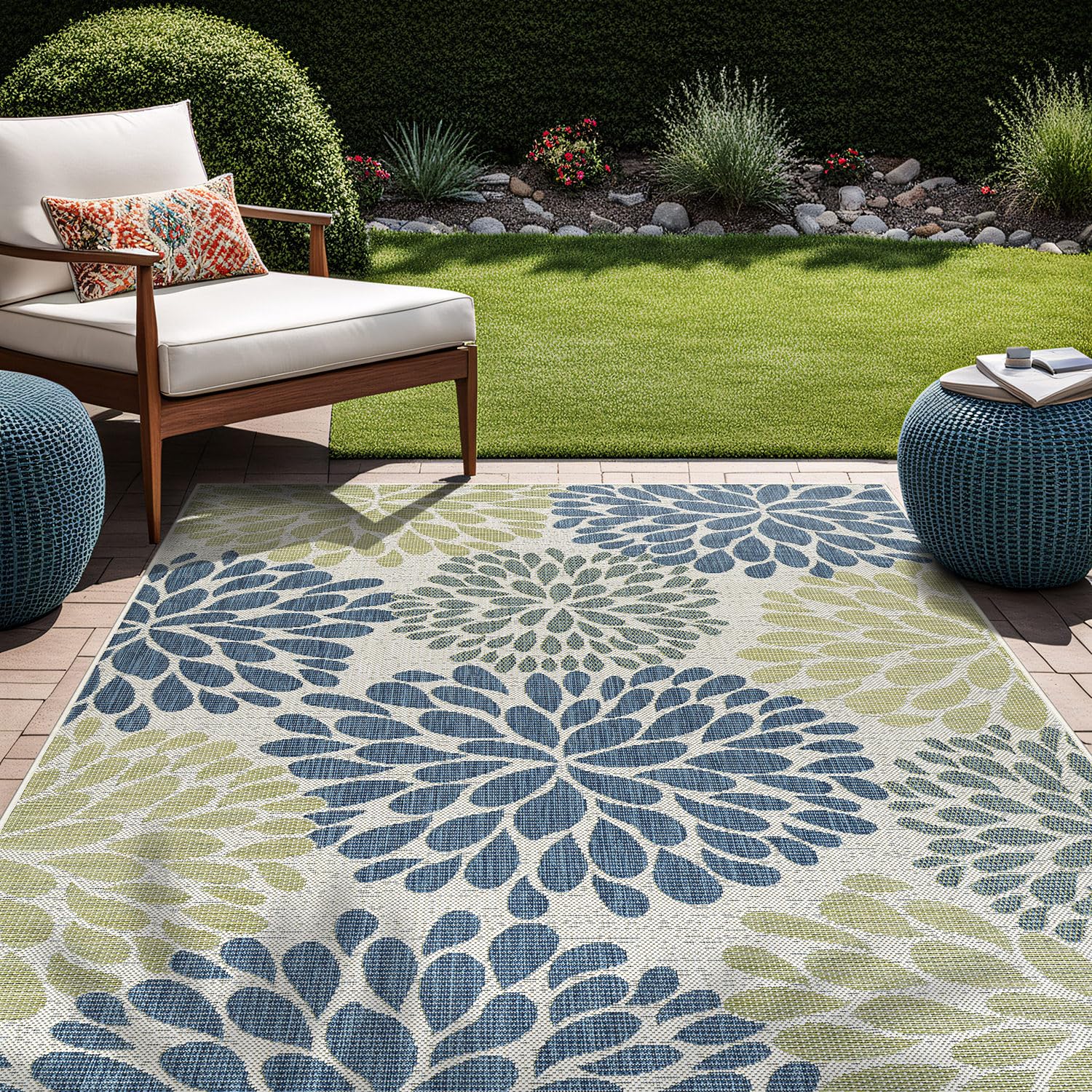 Beverly Rug Outdoor Rug 5x7 Modern Bordered Area Rugs for Indoor and Outdoor Patio Deck Porch Garden Waterproof Weather Sun Resistant Washable Outside Carpet (5 x 7 Beige)