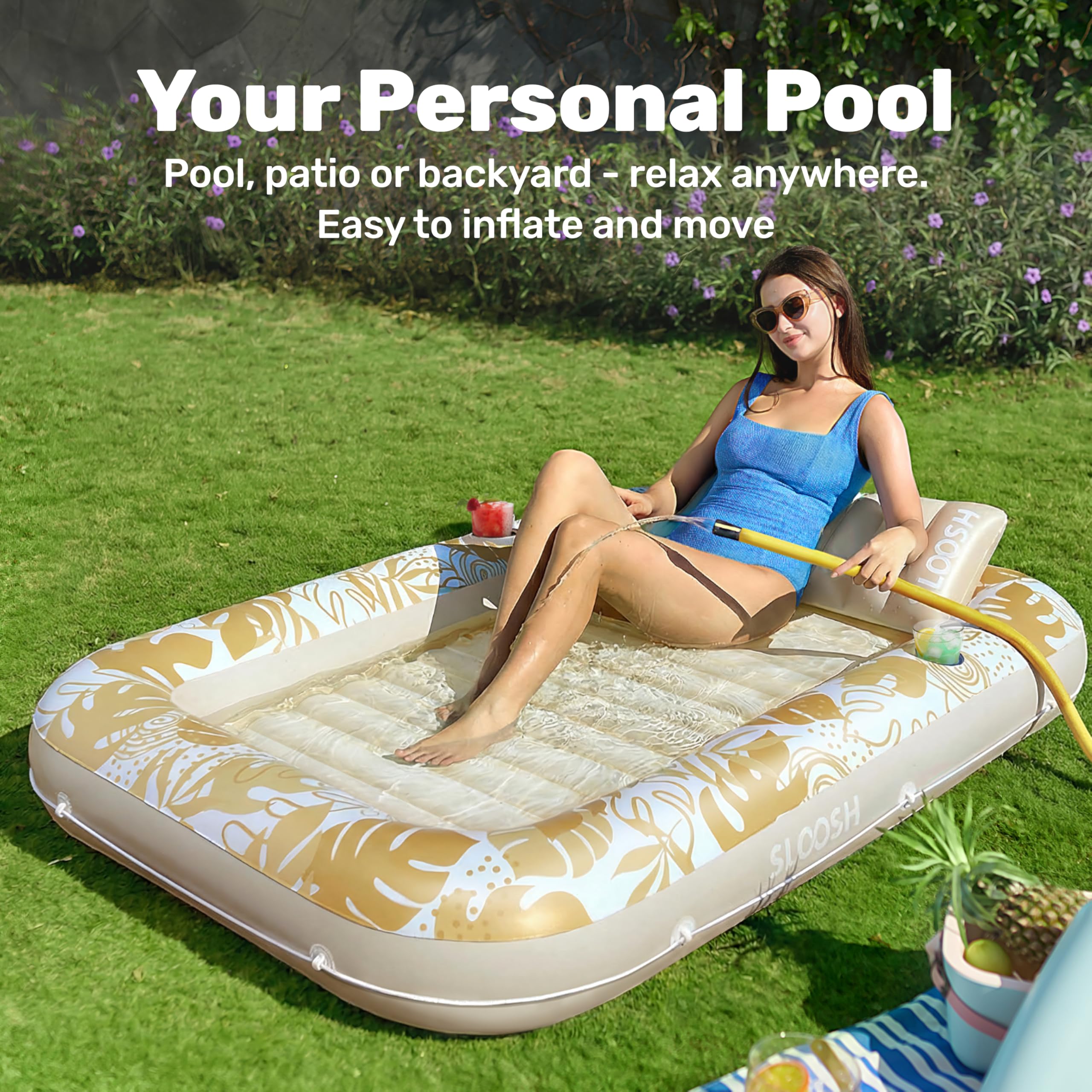SLOOSH Inflatable Tanning Pool Lounger Float, 85" x 57" Extra Large Pool Floats Adult with Pillow, 4 in 1 Suntan Tub Raft Floatie,Sunbathing Bed Lounge for Water Blow Up Ball Pit Party Gifts, XL-Blue