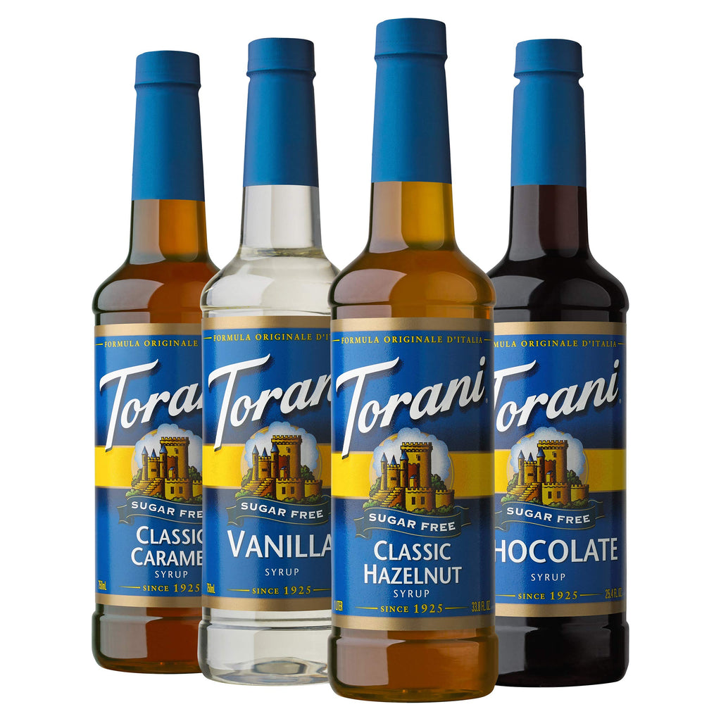 Torani Sugar Free Flavored Drink Syrup Coffee Favorites Variety Pack, Caramel, Peanut Butter Cup, Vanilla & Brown Sugar Cinnamon, 25.4 fl oz (Set of 4)