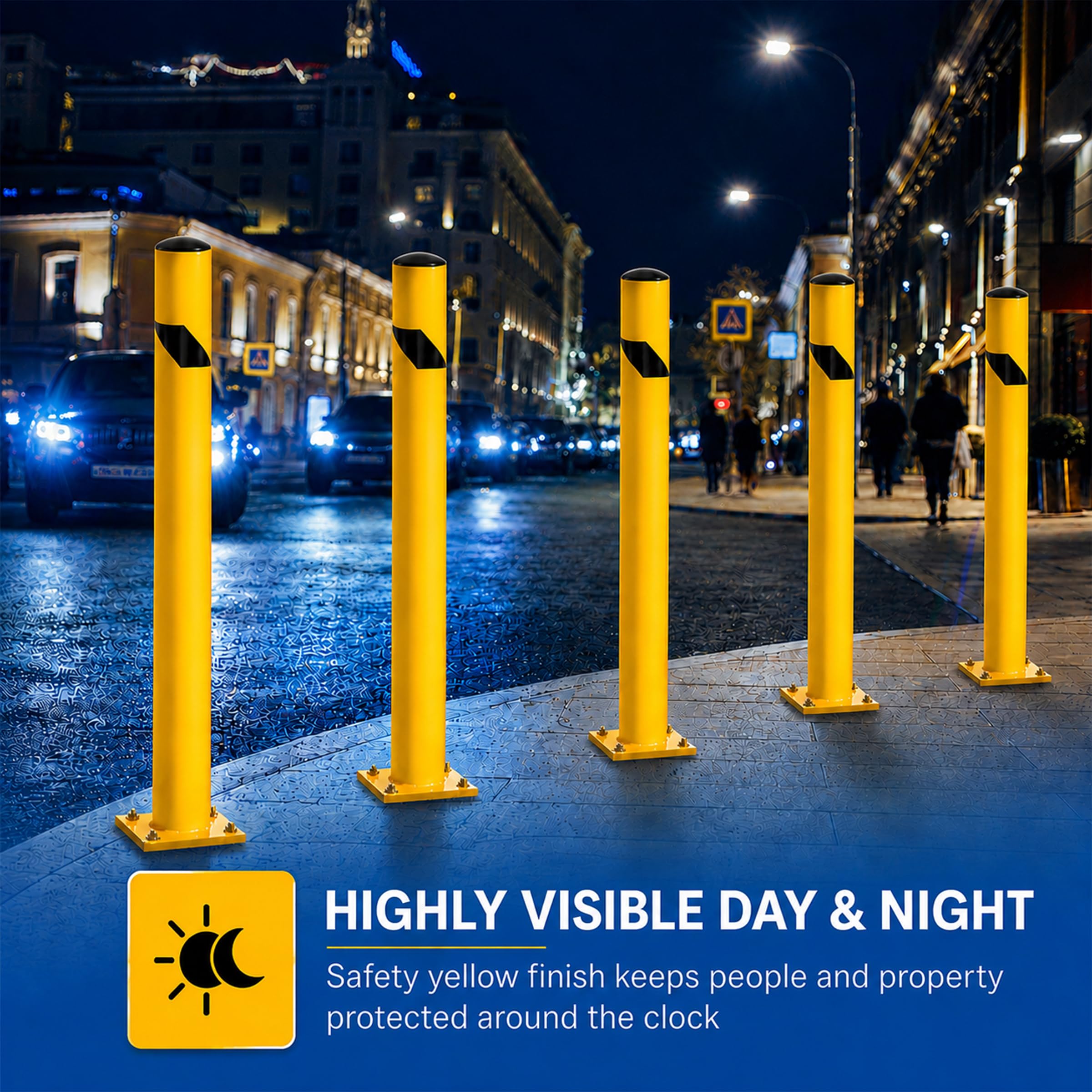 Crowd Control Warehouse Trafford Industrial Steel Bollards 24” Height, Safety Steel Post, Yellow Powder-Coated Finish Heavy Duty Fillable with Concrete, for Driveway Barrier, Parking Pole & Traffic