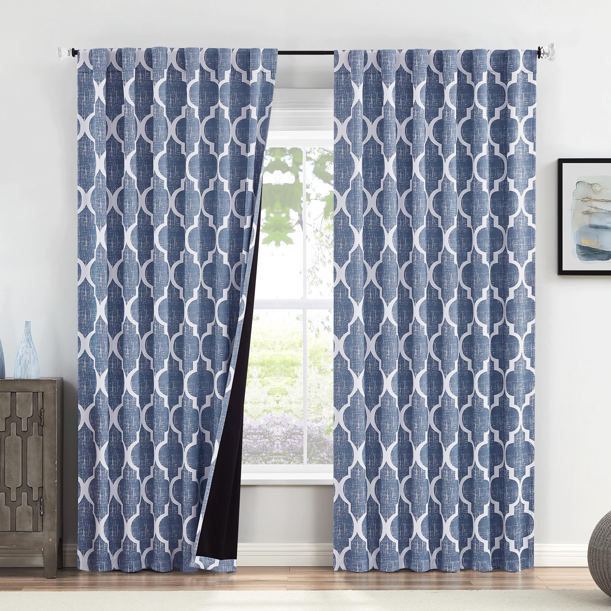 Beauoop 100% Blackout Curtains 45 Inches Long 2 Panels for Bedroom Living Room Aqua Grey Moroccan Geo Room Darkening Thermal Insulated Soundproof Grommet Top Window Treatments Drapes, 50x45 Set of 2