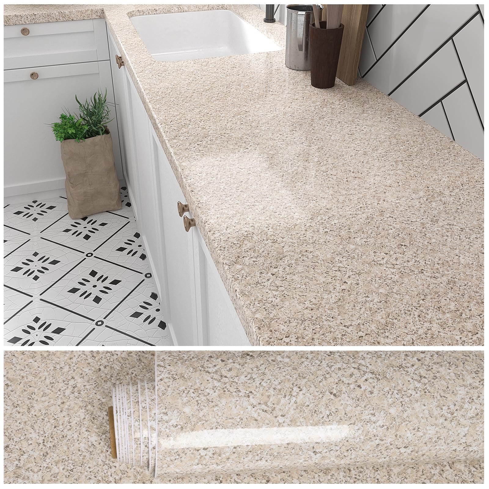 VEELIKE 15.7''x118'' Granite Contact Paper for Countertops Waterproof Self Adhesive Granite Wallpaper Peel and Stick Countertops for Kitchen Bathroom Counter Top Removable Decorative Vinyl Film