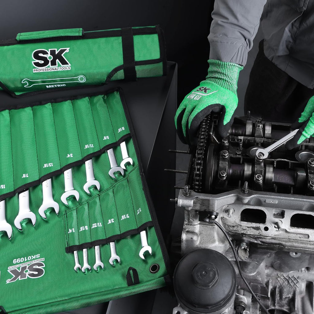 SK Combination Wrench Set, SAE 1/4" to 1-1/4", Metric 6 to 32mm, 42-Piece, SuperKrome Finish, Premium CR-V Construction, with Rolling Pouch