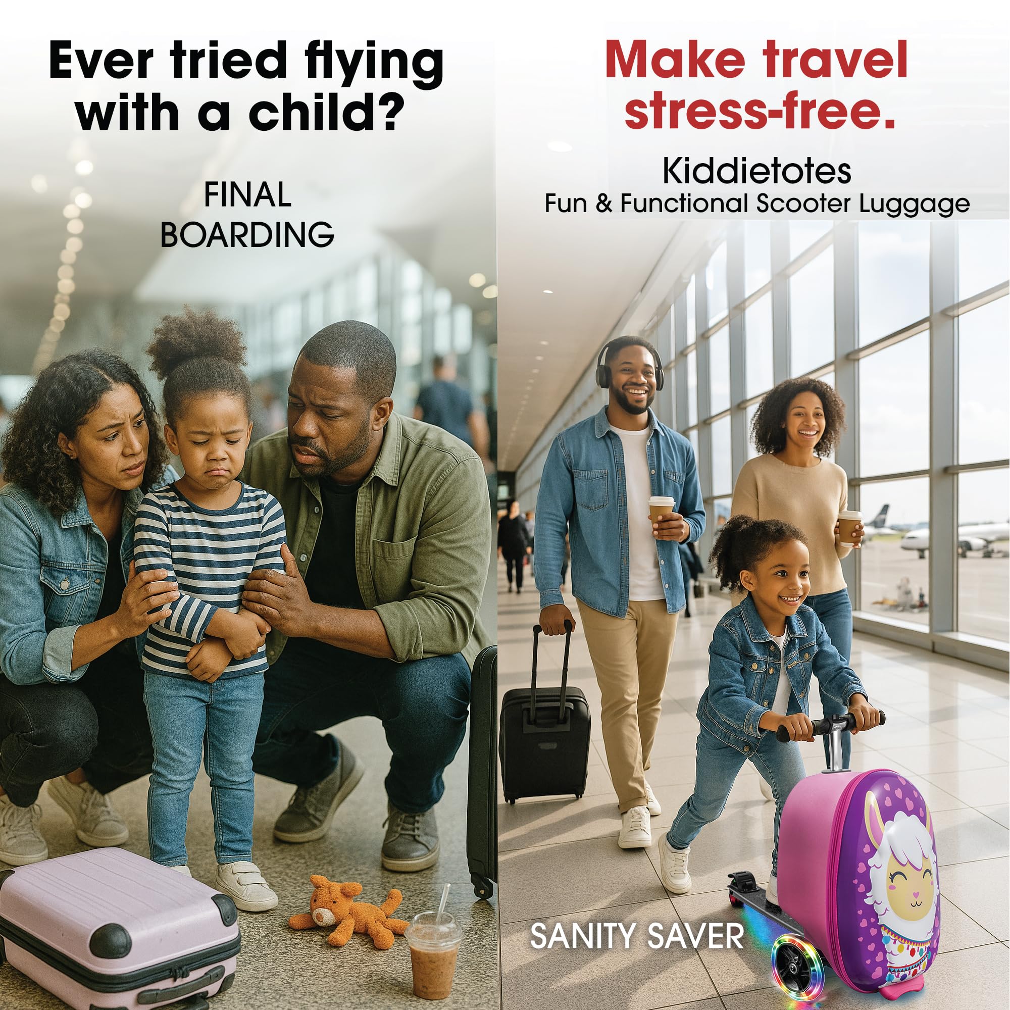 KIDDIETOTES Ride-On Scooter Suitcase for Kids – Hardside Lightweight Carry-On Luggage with Foldable Scooter, LED Wheels, Travel Fun for Toddlers & Children