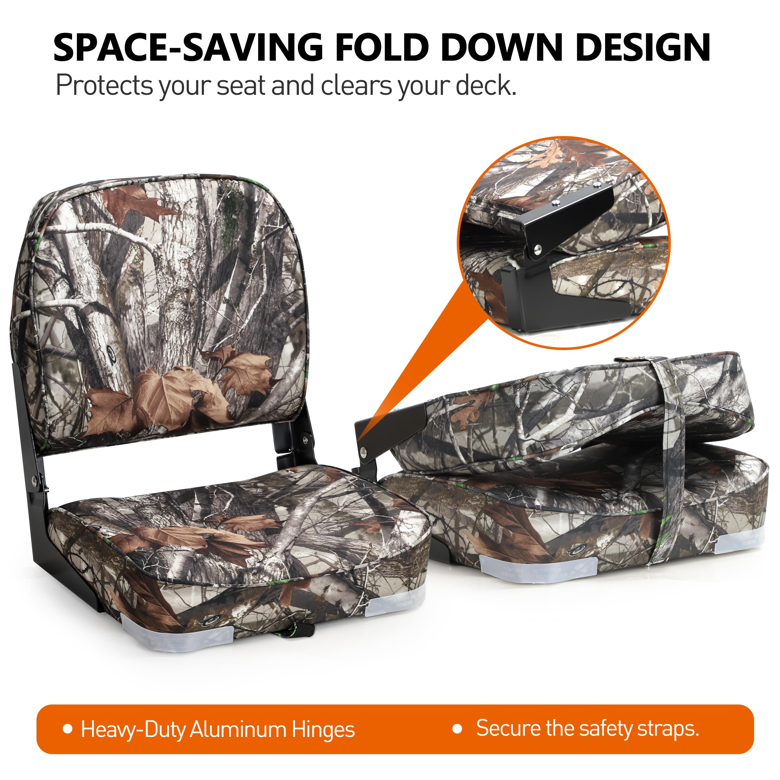 NORTHCAPTAIN Marine Boat Chair 2 Pack,Camo High Back Folding Fishing Boat Seat for Fishing, Bass/Jon/Pontoon Boats, 4 Mounting Screws Included