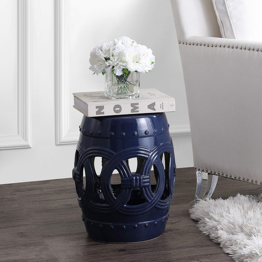 JONATHAN Y Lucky Coins 16" Ceramic Garden Stool, Contemporary Blue/White Cutout Interlocking Rings Drum Indoor/Outdoor Side Table and Plant Stand for Patio, Garden, Living Room TBL1027A