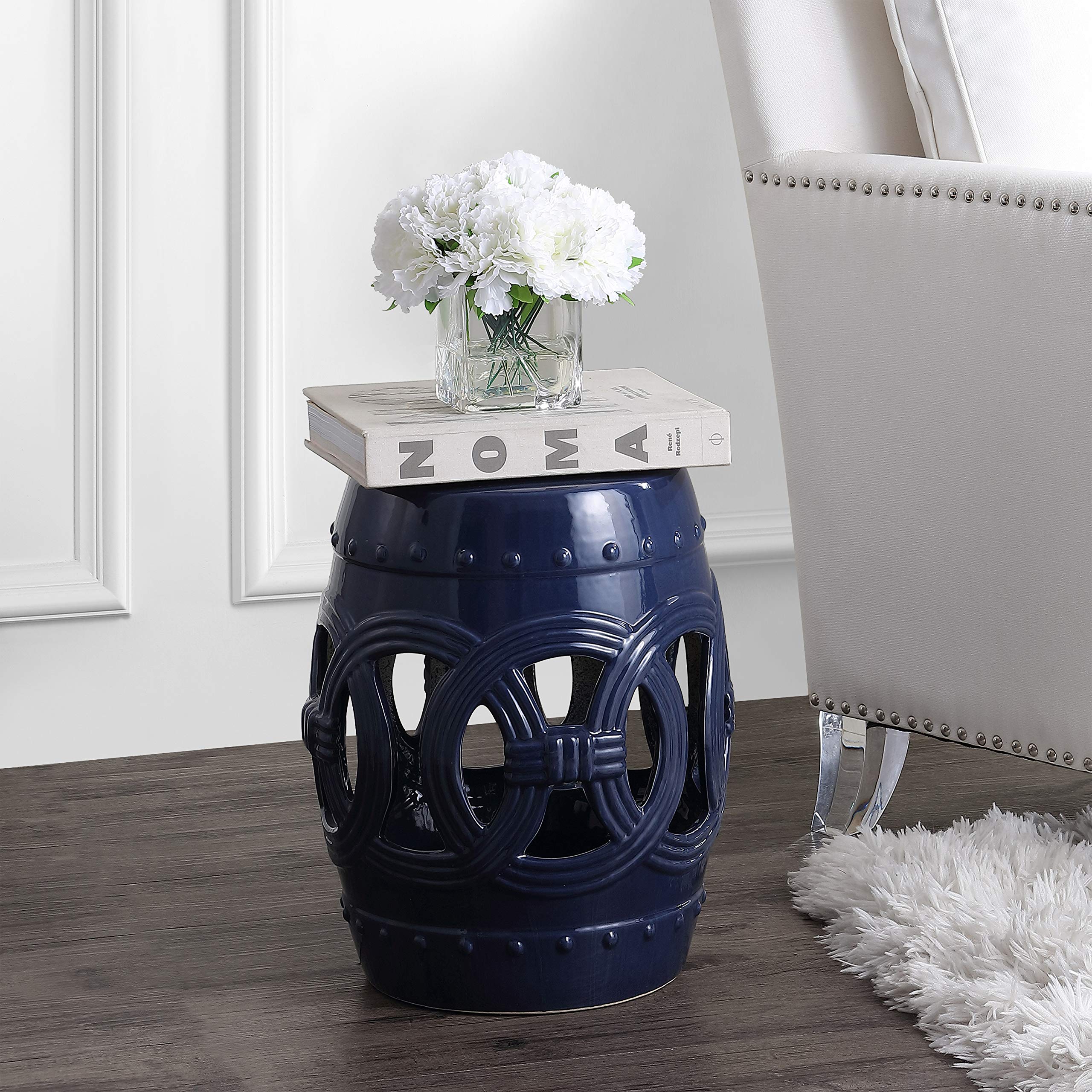JONATHAN Y Lucky Coins 16" Ceramic Garden Stool, Contemporary Blue/White Cutout Interlocking Rings Drum Indoor/Outdoor Side Table and Plant Stand for Patio, Garden, Living Room TBL1027A