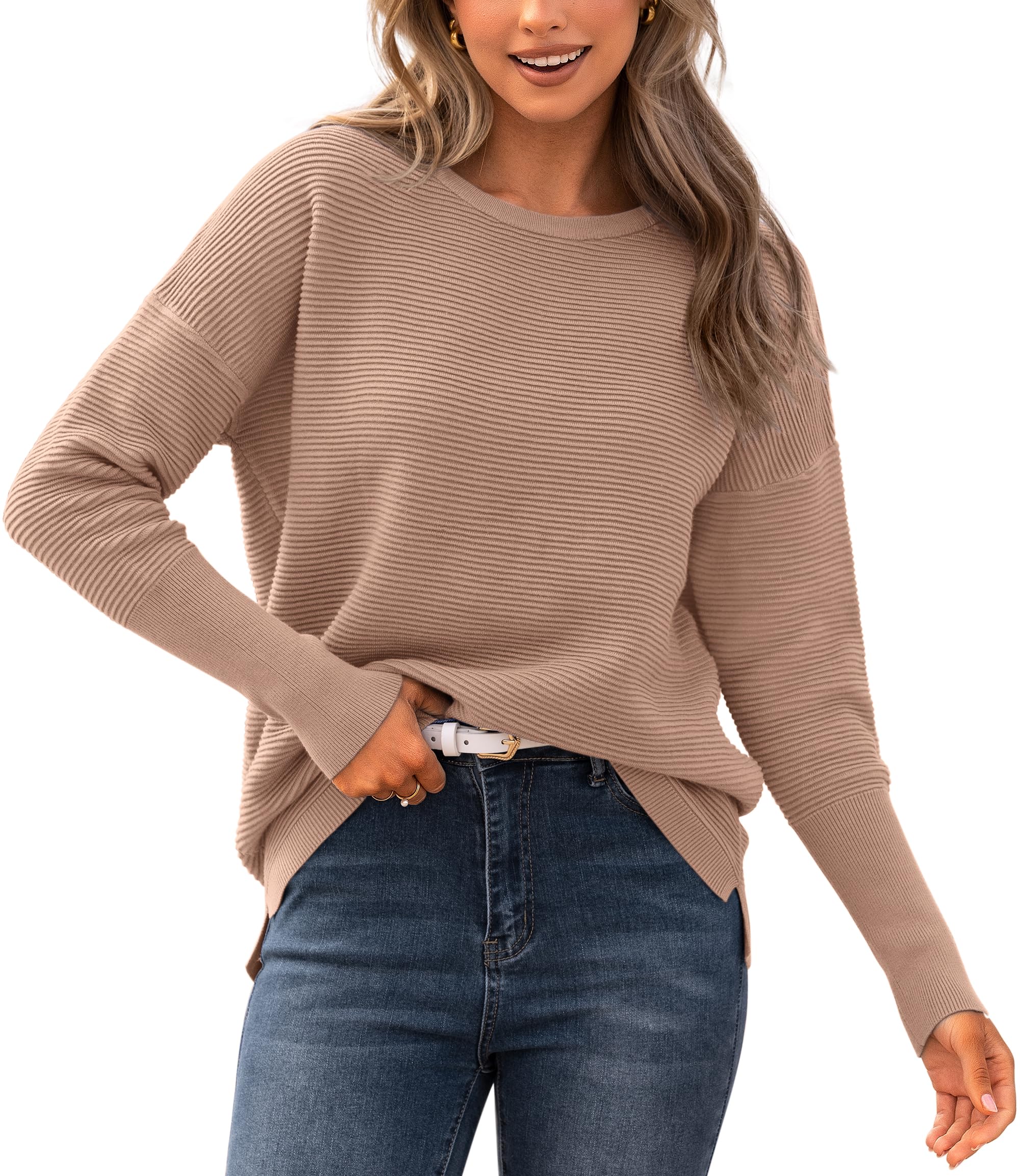 BTFBM Fall Sweaters for Women 2026 Casual Long Sleeve Sweater Striped Loose Fit Pullover Tops