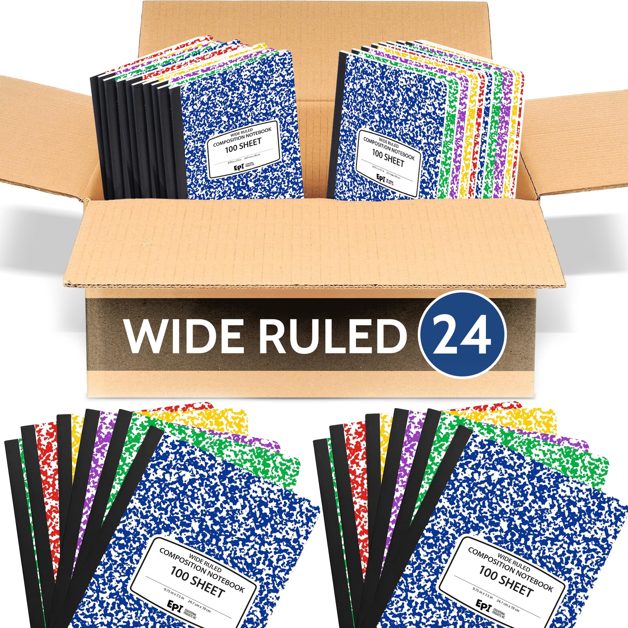 3 Pack - EPI Marble Hardcover Wide Ruled Composition Notebook | 200 Pages (100 Sheets), 9.75 x 7.5 in, Sturdy Sewn Binding | School, Office, Journaling, Notes
