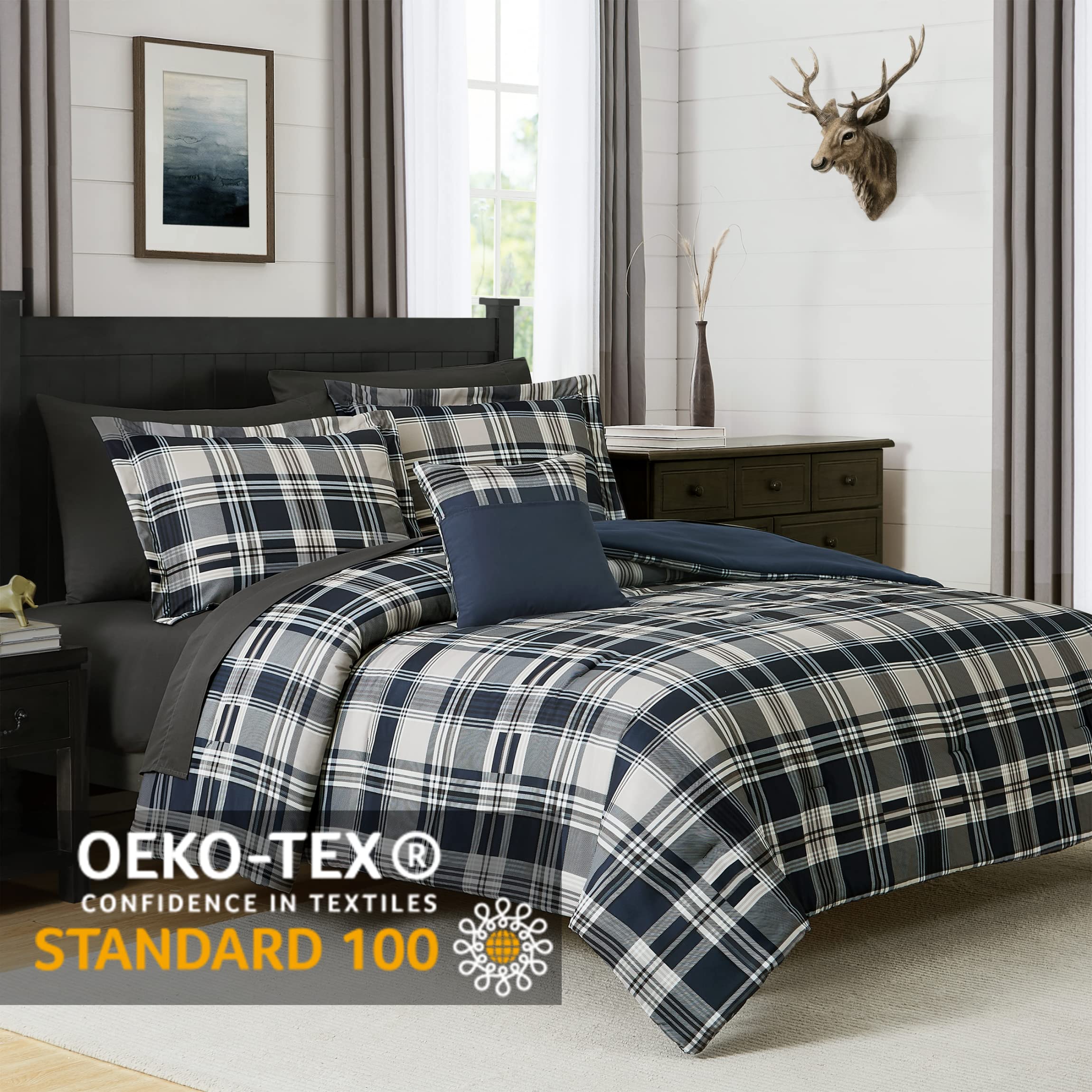 MaiRêve Queen Comforter Set, Classic Plaid Farmhouse Bedding Sets 7 Pieces, Beige All Season Bed in A Bag with Sheets, Pillowcases & Shams