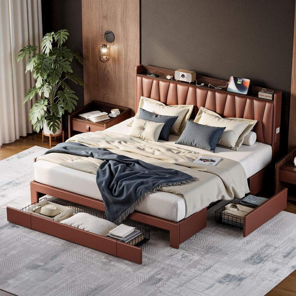 ANCTOR King Bed Frame with 3 Storage Drawers, Storage Headbord with Charging Station, Platform Bed Frame for Bedroom, Living Room, No Box Spring, Faux Leather, Brown