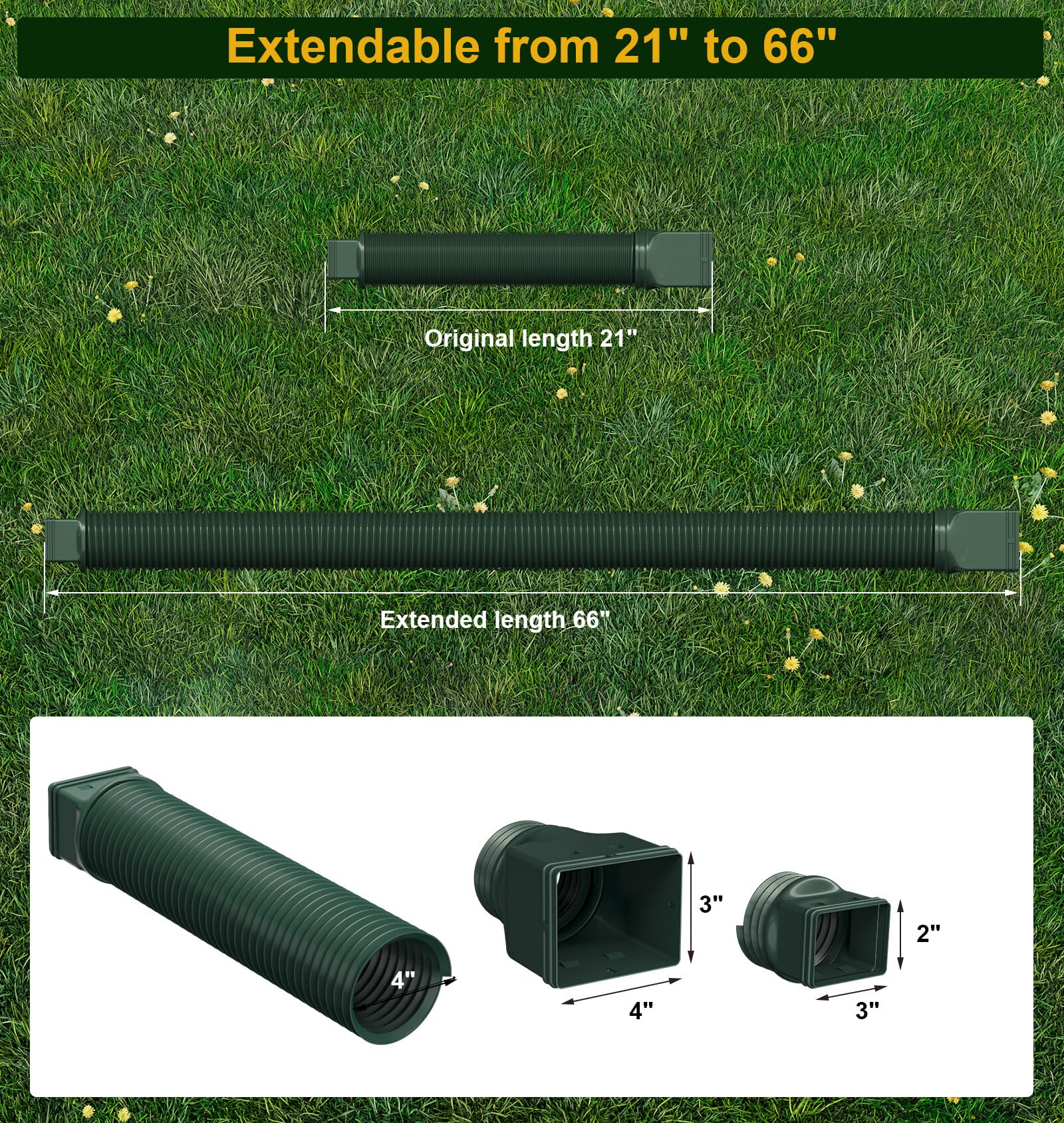 Ogutter Rain Gutter Downspout Extensions, Downspout Extender for Rainwater Drainage Flexible, Down Spout Drain Extension Pipe and Extendable from 21 to 66 Inches (Black)