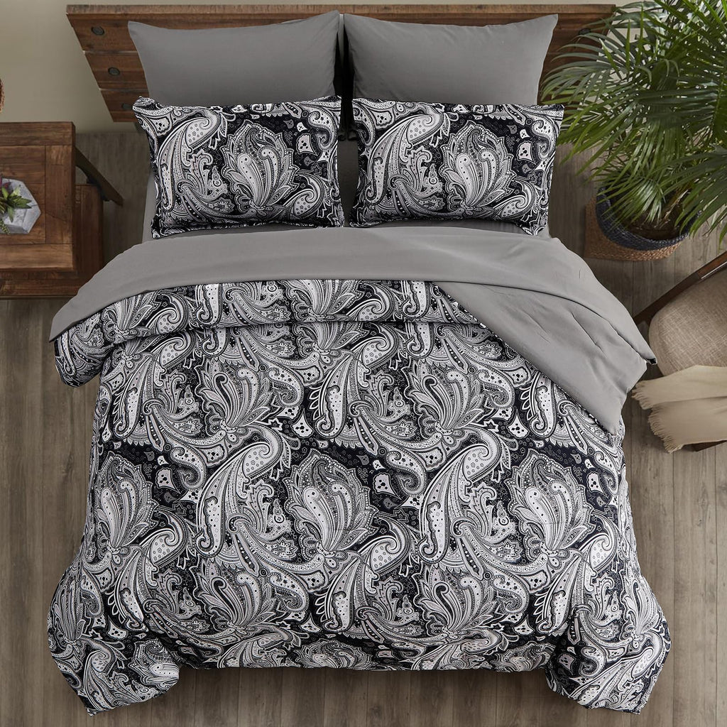 DJY Black Paisley Comforter Set Full Size 7 Piece Bed in a Bag Black and Grey Boho Paisley Pattern Comforter Set Soft Lightweight Microfiber Reversible Bedding Set for All Season