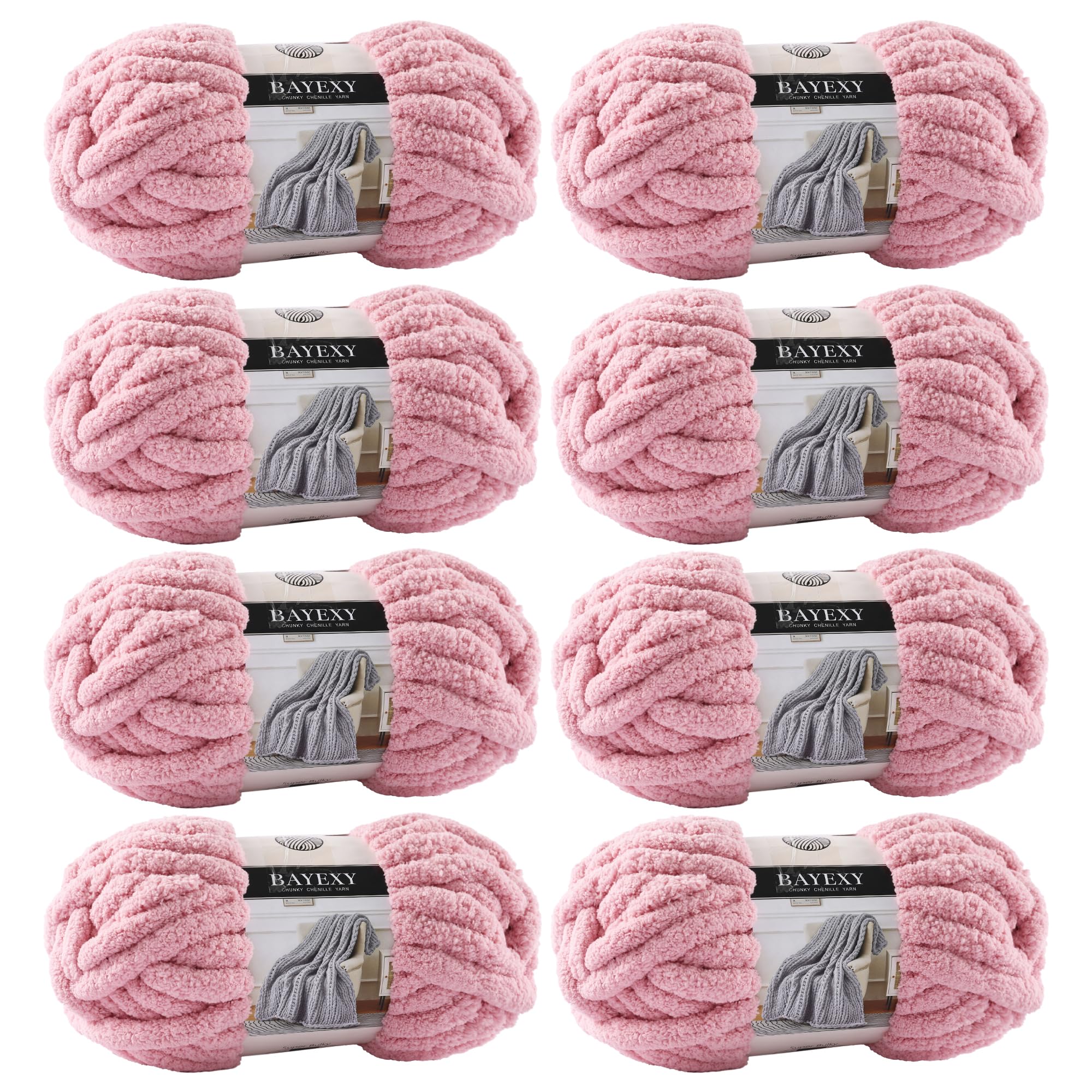 Chunky Chenille Yarn for Hand Knitting 8 Jumbo Pack Jumbo Chunky Yarn for Hand Soft Blanket Knitting, Bulky Thick Fluffy Yarn for Crocheting (Black)