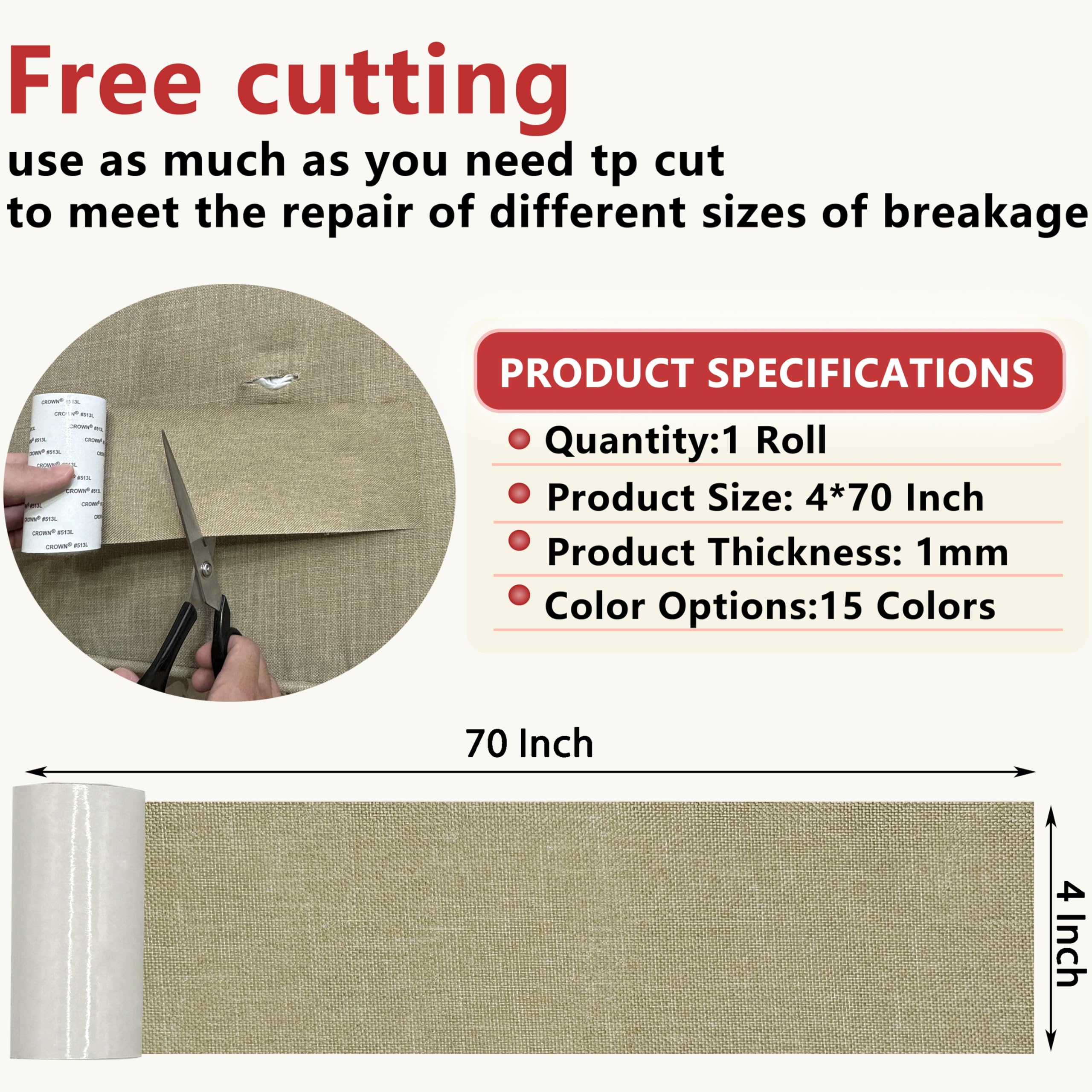Gheeidau Linen Repair Tape 4x70 Inch Self-Adhesive Couch Patch Repair Fabric Patch for Furniture,Sofas,Cushion,Chairs,Bags,Linen Goods(Beige)