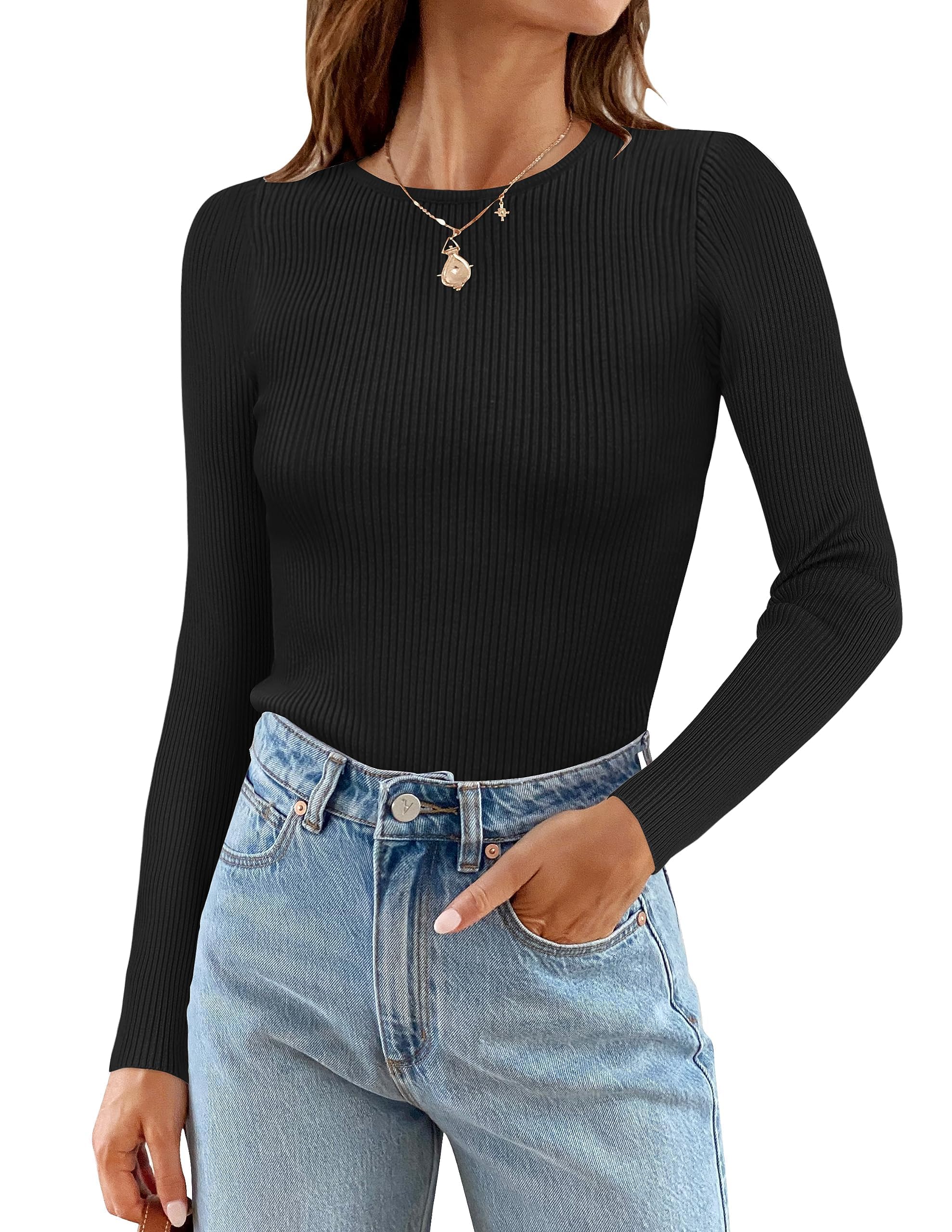 ZESICA Women's Long Sleeve Crewneck Shirts 2026 Spring Ribbed Knit Sweater Slim Fitted Casual Basic Tee Tops