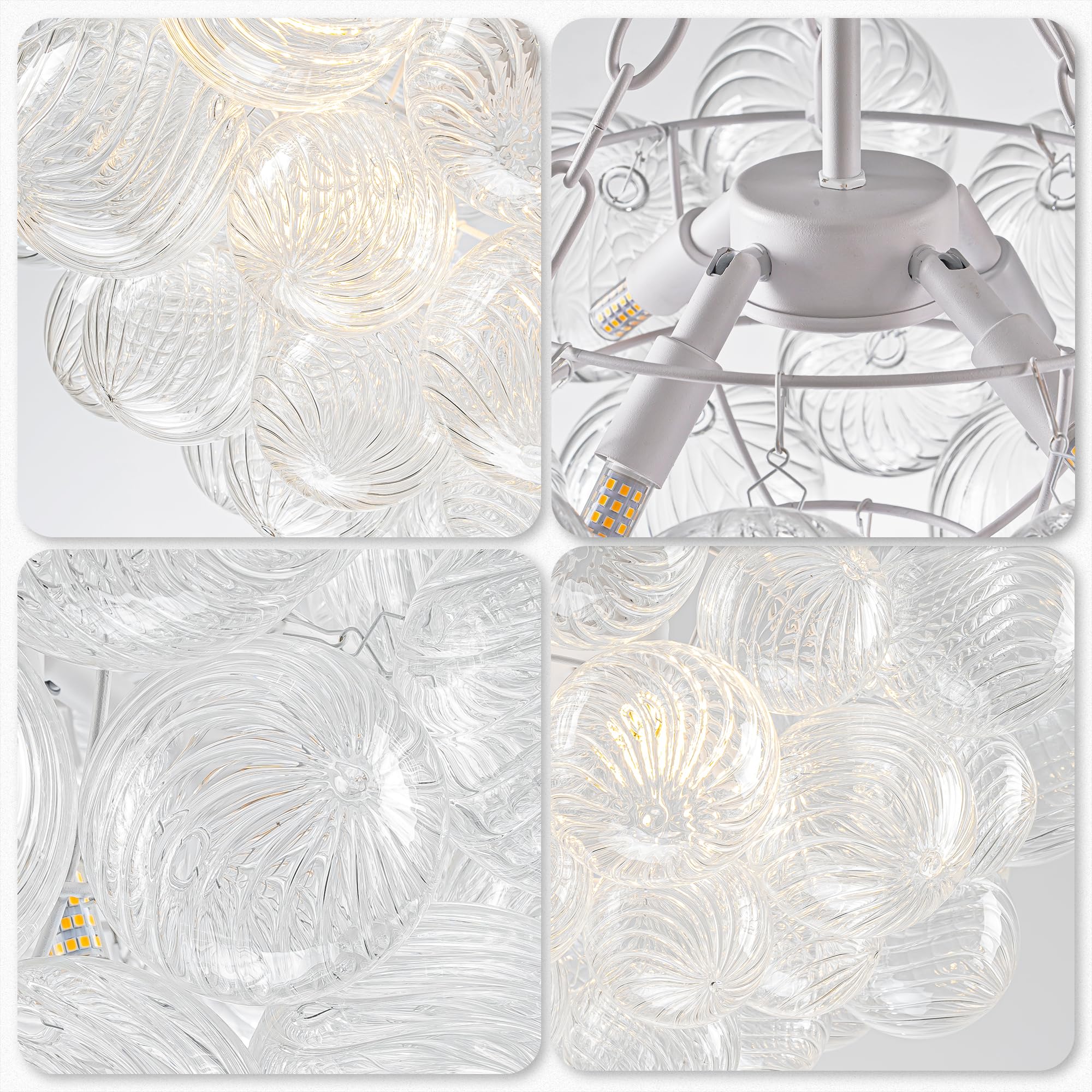 Longree Bubble Glass Ball Chandelier White 20" Dia Pendant Light | Swirled Glass Globe, for Dining Room Kitchen Bathroom Entry Bedroom
