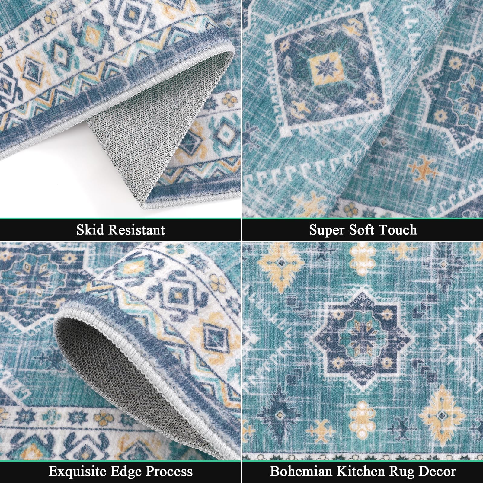 HEBE Boho Kitchen Rug Sets 3 Piece with Runner Non Slip Kitchen Rugs and Mats Washable Kitchen Mats for Floor Thick Kitchen Floor Mat Carpet Runner Rugs for Hallway Laundry Holiday Decor