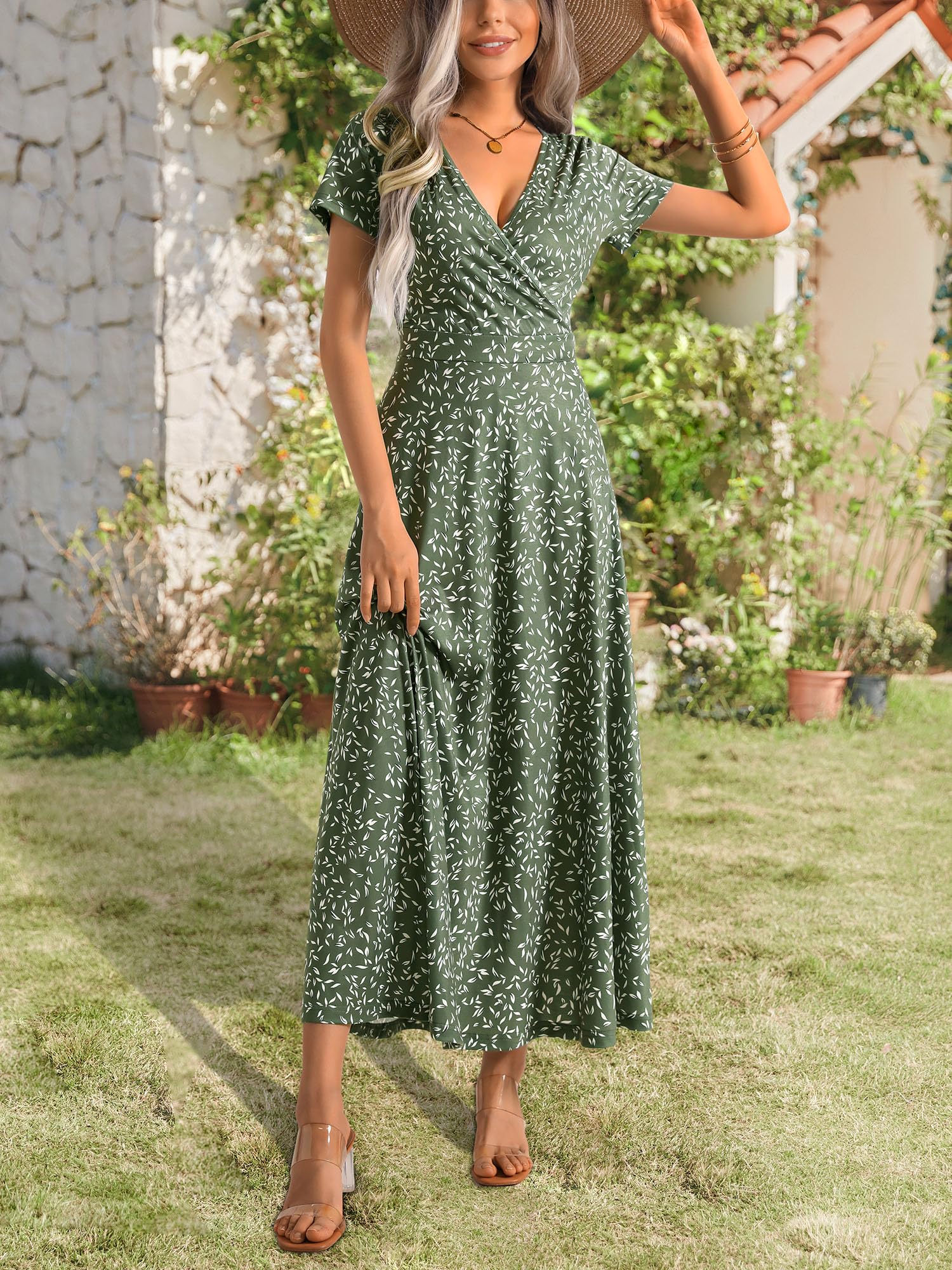 HUHOT Women's Short Sleeve Wrap V Neck Dresses for Wedding Guest Summer Floral Maxi Sundresses with Pockets Boho Dress