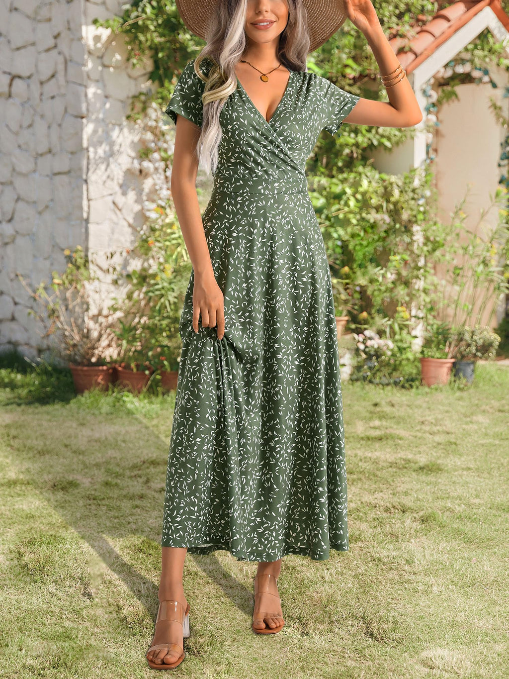 HUHOT Women's Short Sleeve Wrap V Neck Dresses for Wedding Guest Summer Floral Maxi Sundresses with Pockets Boho Dress