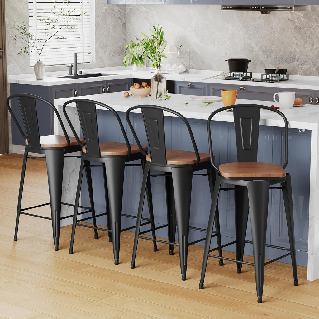 Alunaune 24" Swivel Metal Bar Stools Set of 4 High Back Counter Height Barstools Industrial Dining Bar Chairs with Large Wooden Seat-Matte Black