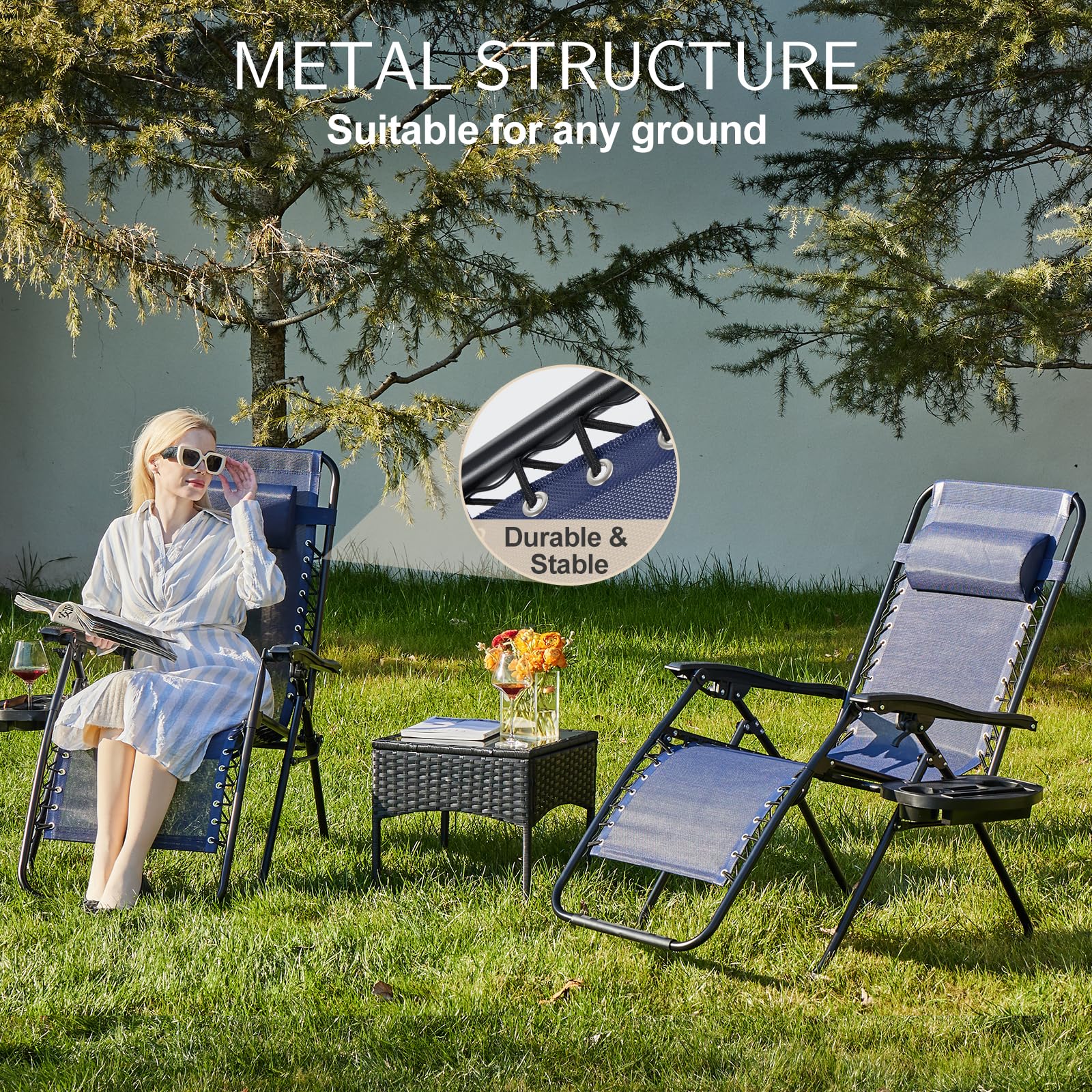 Sweetcrispy Zero Gravity Chairs, Set of 4 Portable Recliner Beach Camping Patio Outdoor Folding Lounge Chair with Cup Holder Trays and Adjustable Pillow for Poolside, Garden, Backyard, Lawn, Black