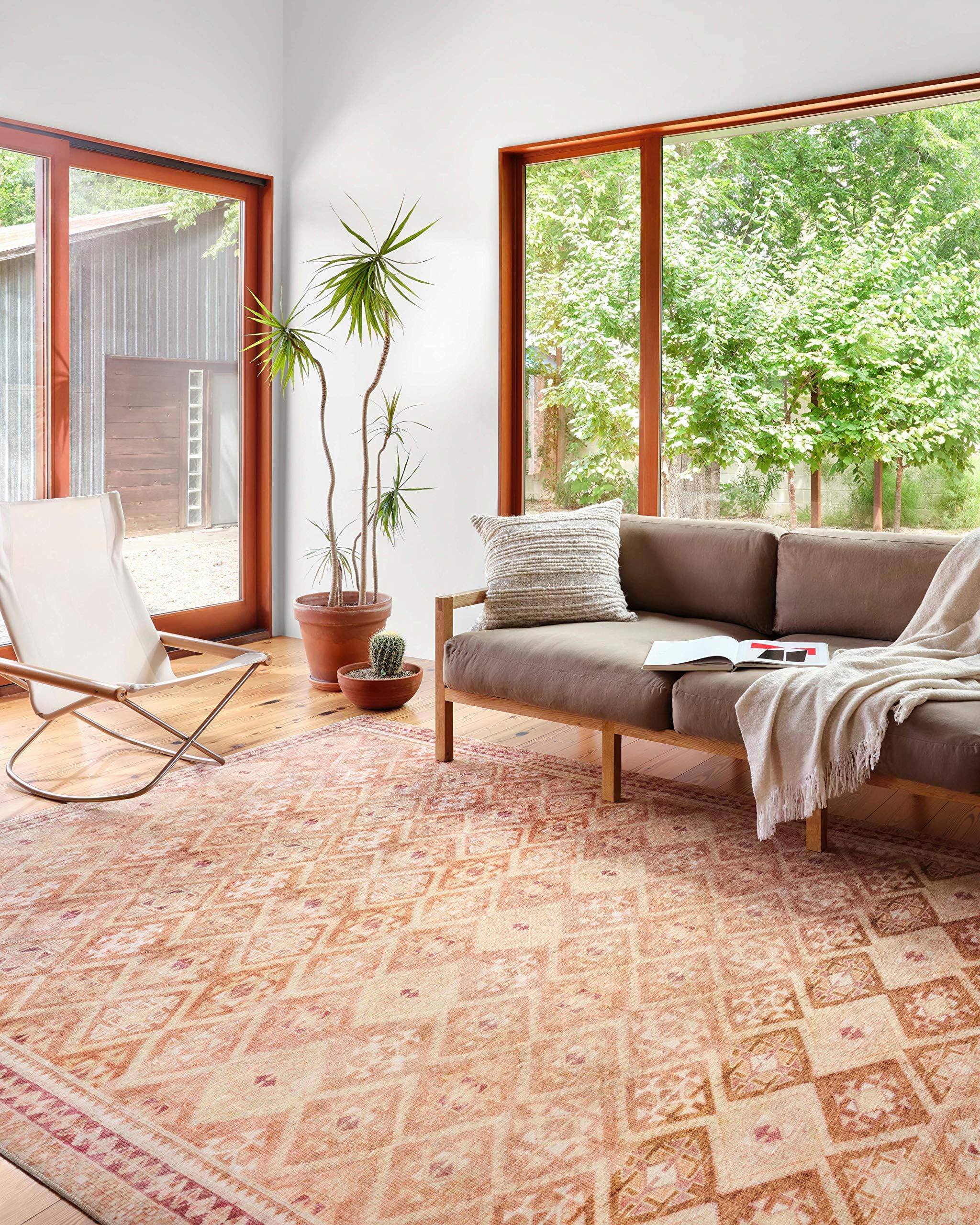 Loloi Layla Collection LAY-07 Blue/Tangerine 2'-3" x 3'-9" .13" Thick Accent Rug, Soft, Durable, Vintage Inspired, Distressed, Low Pile, Non-Shedding, Easy Clean, Printed, Living Room Rug