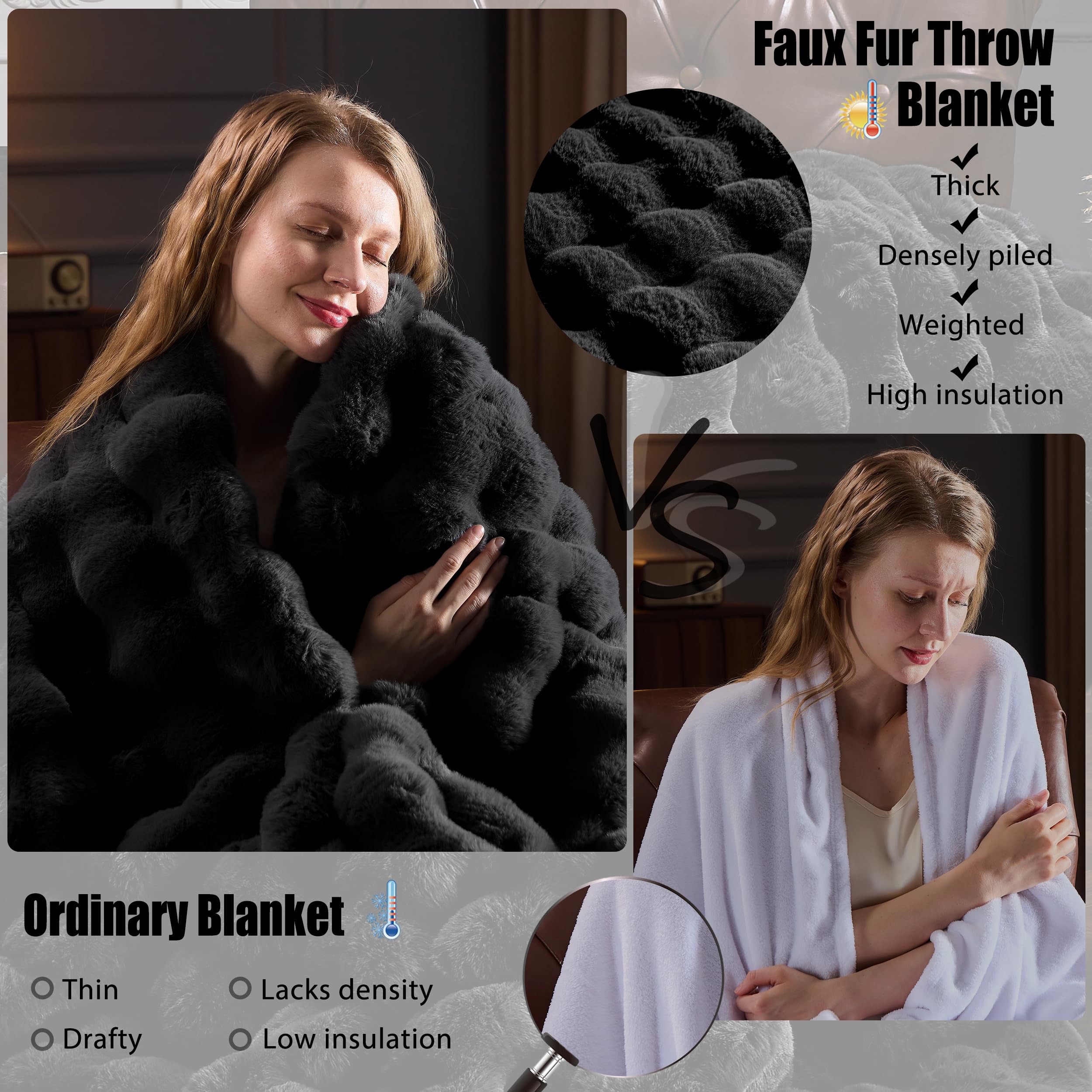 Faux Fur Throw Blanket for Couch, Fluffy Fuzzy Plush Bubble Blanket, Soft Warm Cozy Shaggy Rabbit Blanket, Luxury Decorative Gifts for Sofa Bedroom Living Room, 60x50inch (Beige)