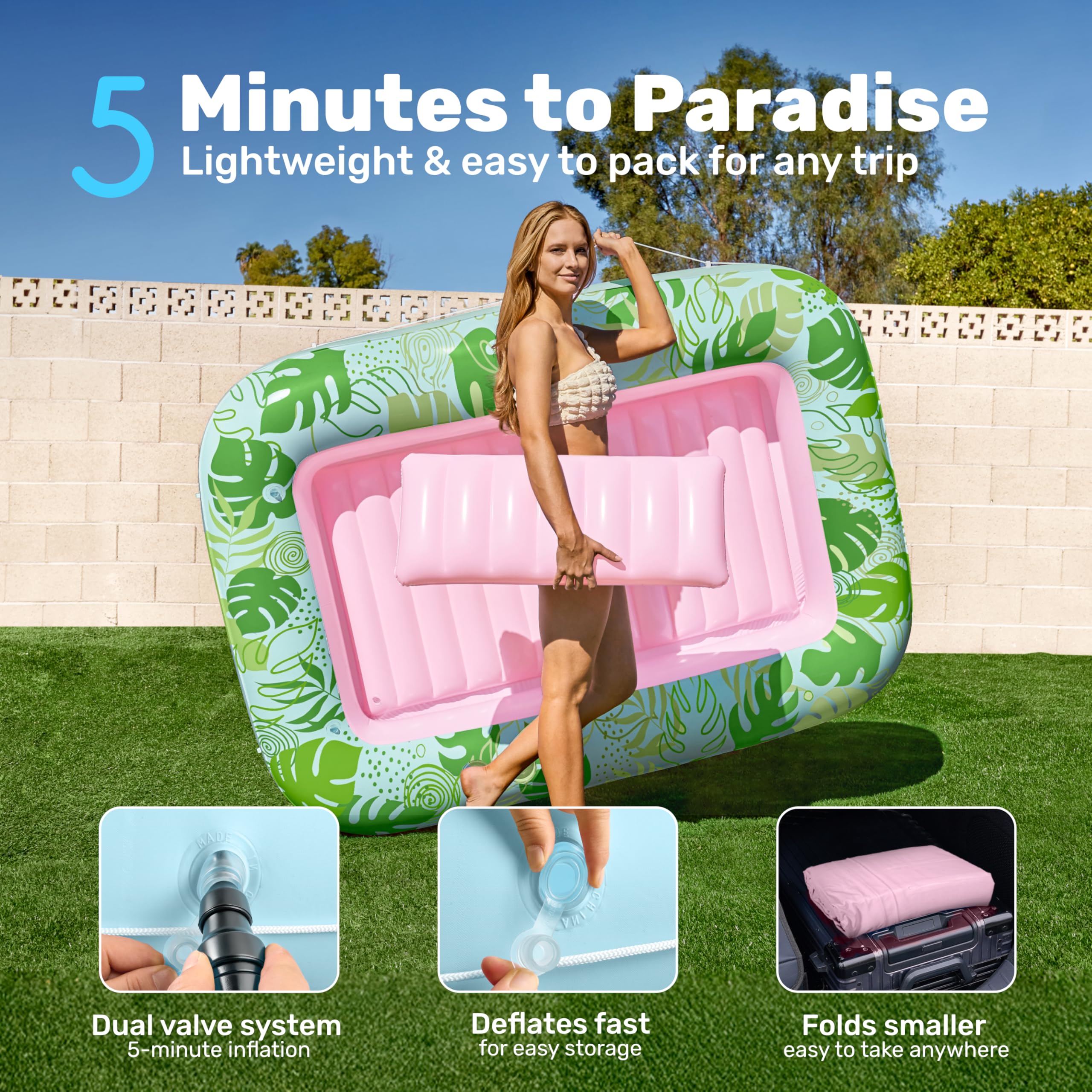 SLOOSH Inflatable Tanning Pool Lounger Float, 85" x 57" Extra Large Pool Floats Adult with Pillow, 4 in 1 Suntan Tub Raft Floatie,Sunbathing Bed Lounge for Water Blow Up Ball Pit Party Gifts, XL-Blue