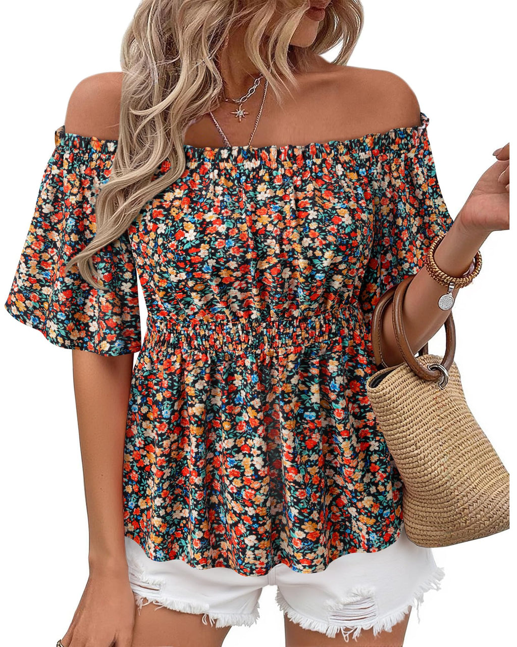 Bebonnie Women's Summer Sexy Off The Shoulder Peplum Tops Ruffle Sleeve Dressy Blouses