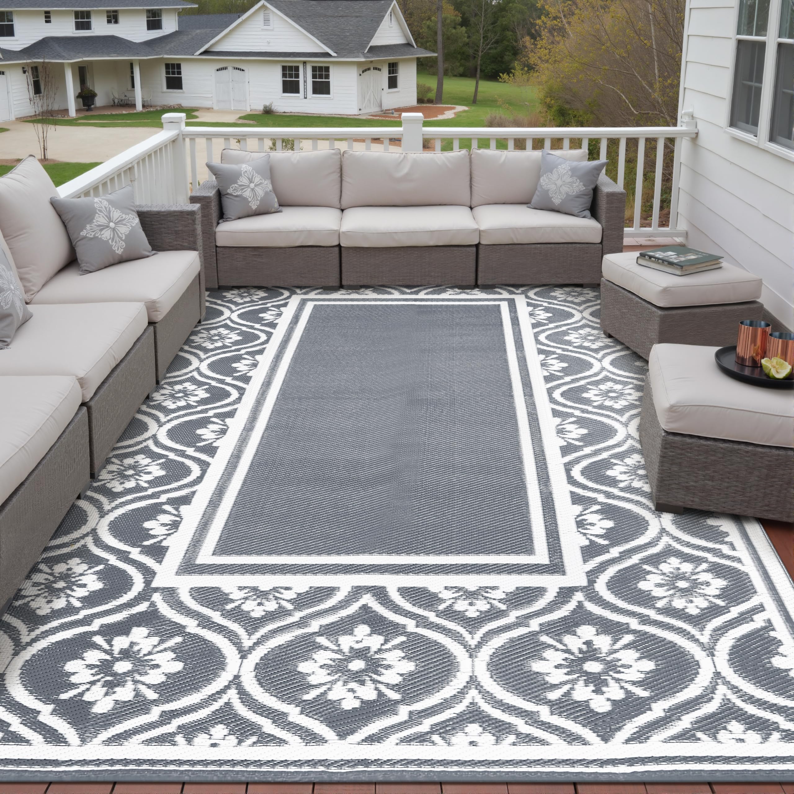 HUGEAR Outdoor Patio Rug 3'x5' Waterproof Outside Area Rugs Blue Reversible Plastic Straw Carpet for RV Deck Camping Entryance Porch Picnic Balcony Beach
