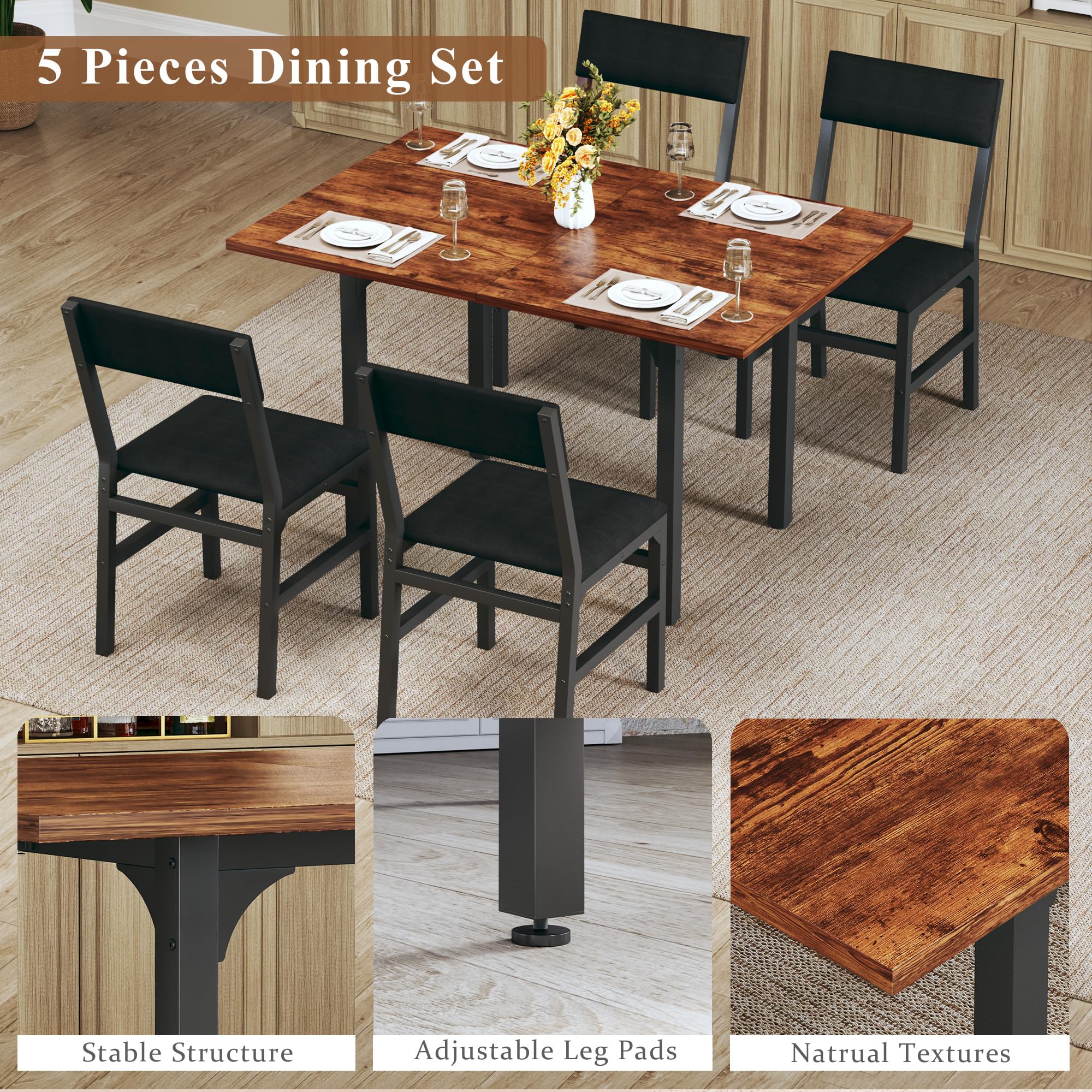 HUAHUU Dining Table Set for 4, Extendable Kitchen Table Cushion Chairs Set of 4, Rectangle Dining Table with Metal Frame & MDF Board, Folding for Small Apartment Saving Space, Black