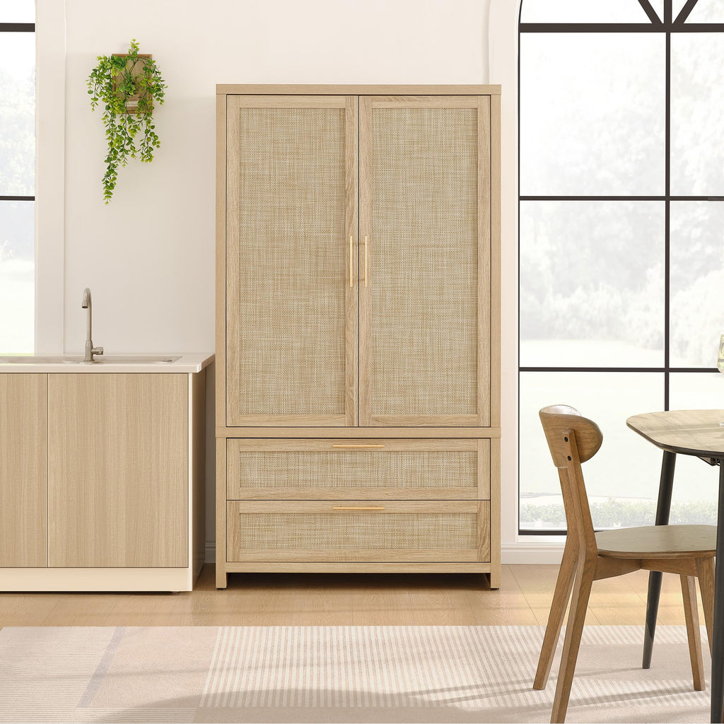 SICOTAS Rattan Armoire Wardrobe Closet Cabinet, 71" Wardrobe Storage Cabinet with Doors, 2 Drawers and Hanging Rod, Boho Large-Capacity Deep Armoire Clothes Organizer for Bedroom, Black Oak