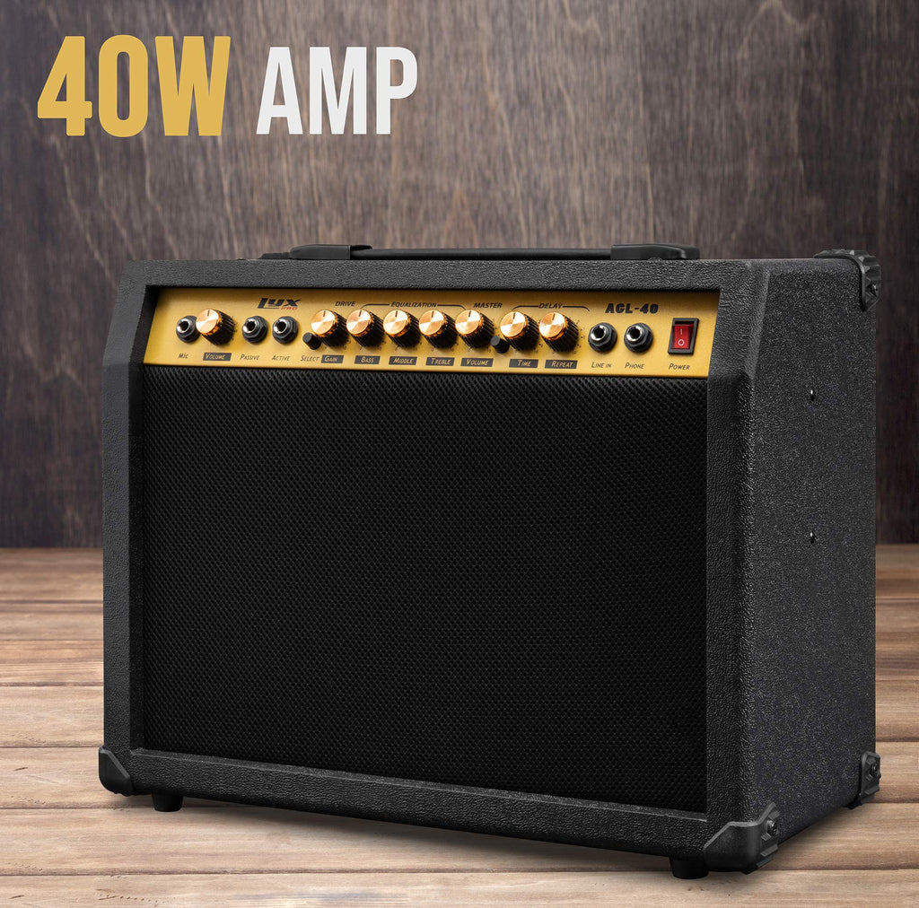 LyxPro Electric Guitar Amp 20 Watt Amplifier Built in Speaker Headphone Jack and Aux Input Includes Gain Bass Treble Volume and Grind - Black